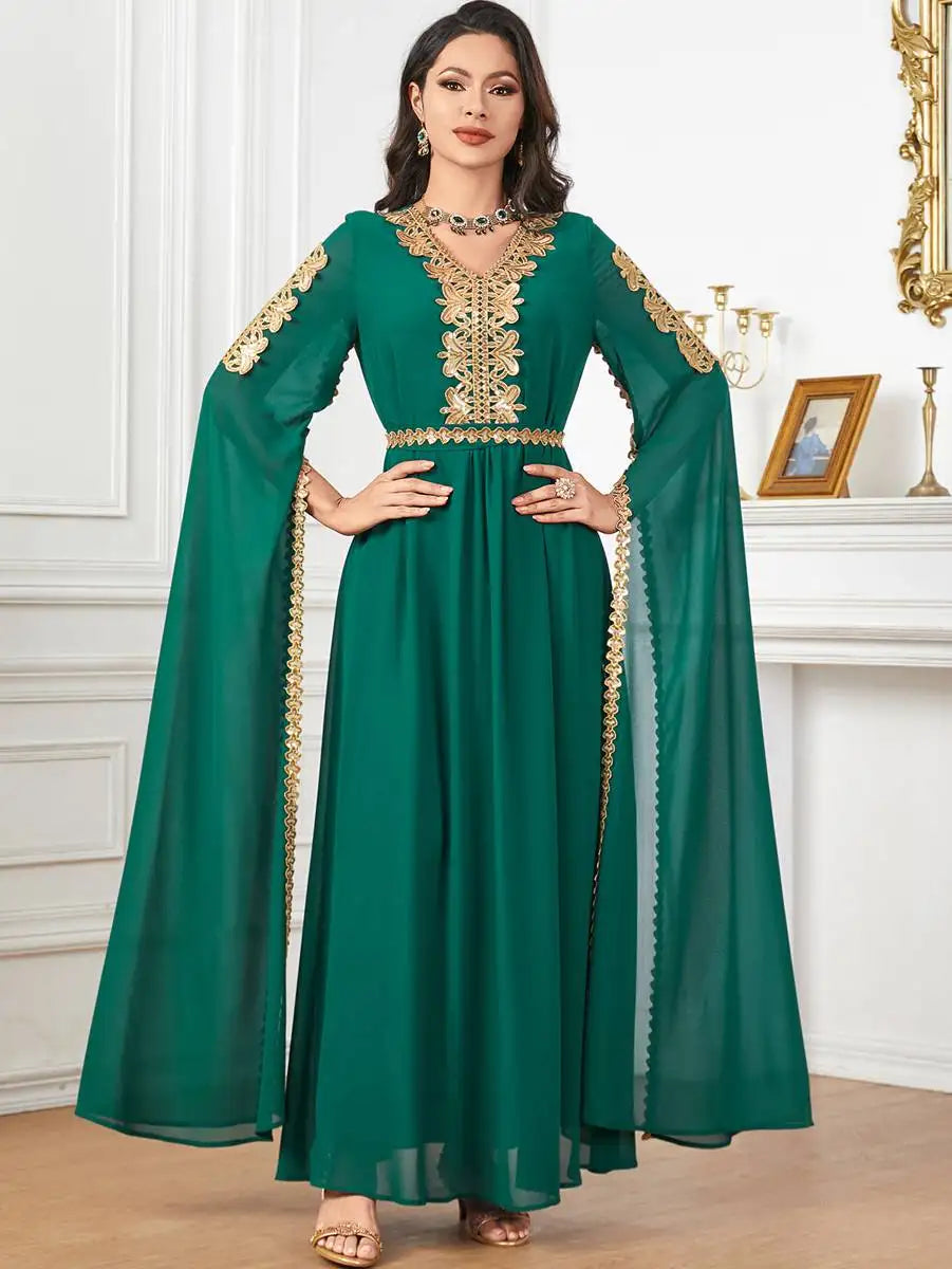 Elegant Eid Arab Caftan Dress with Flowy Chiffon Fabric and Raglan Sleeves - Perfect for Eid Celebrations, Weddings & Special Occasions