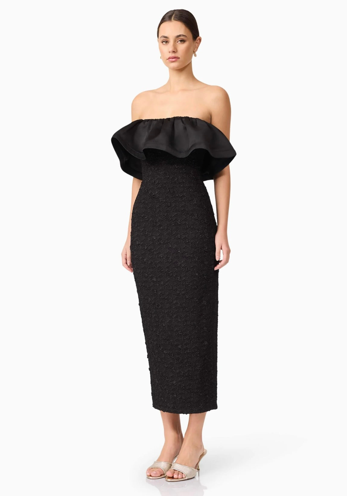 Strapless Black Midi Dress for Women - Elegant Dandelion Print Summer Dress for Beach, Party & Date Night