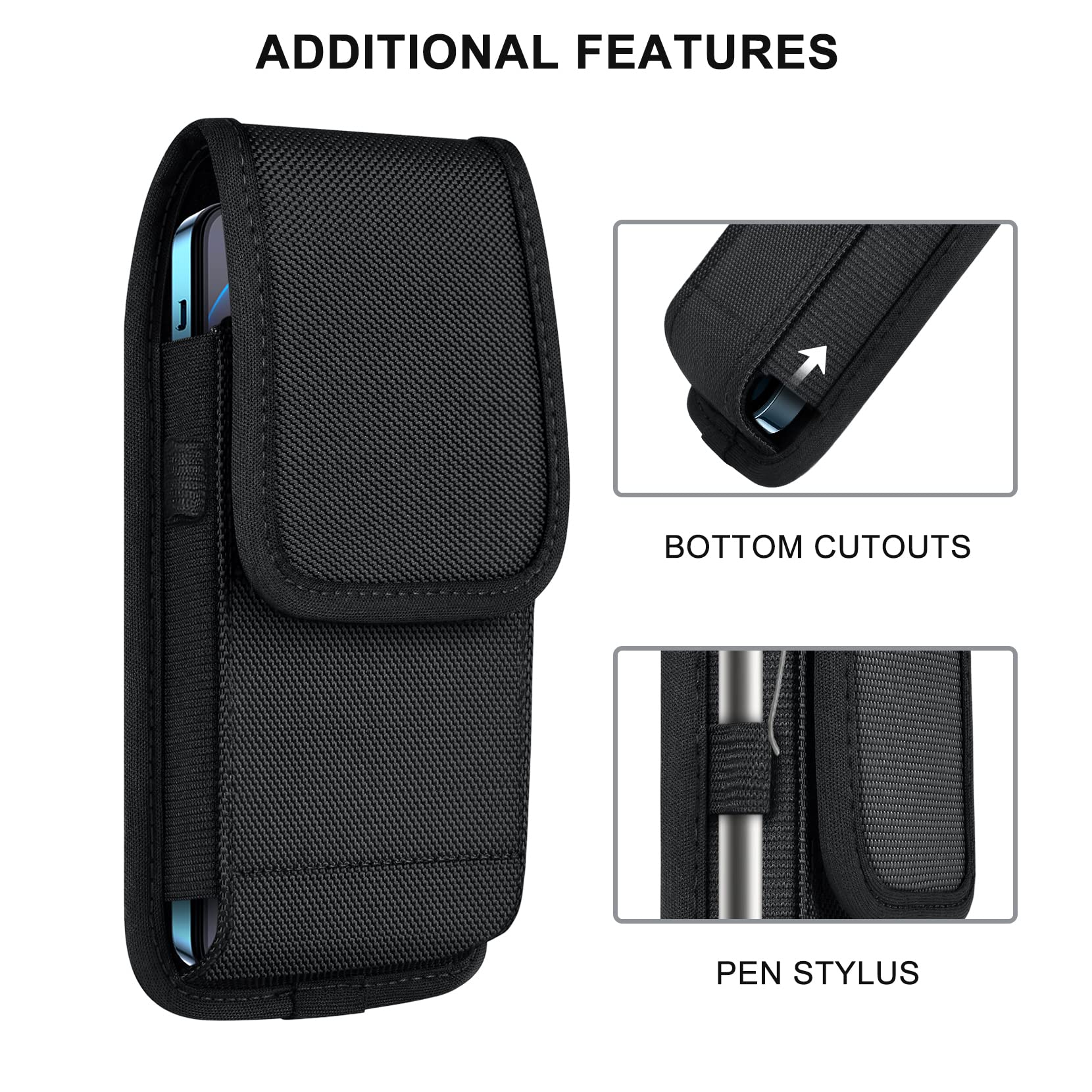 YKOOE Nylon Belt Holster Phone Pouch - Compatible with iPhone 16/15/14/13/12/11 Pro Max & Samsung Galaxy S20/S21/S22/S23/S24 - Durable Waist Cell Phone Case for Hiking, Running, Construction & Outdoor Activities (Black)
