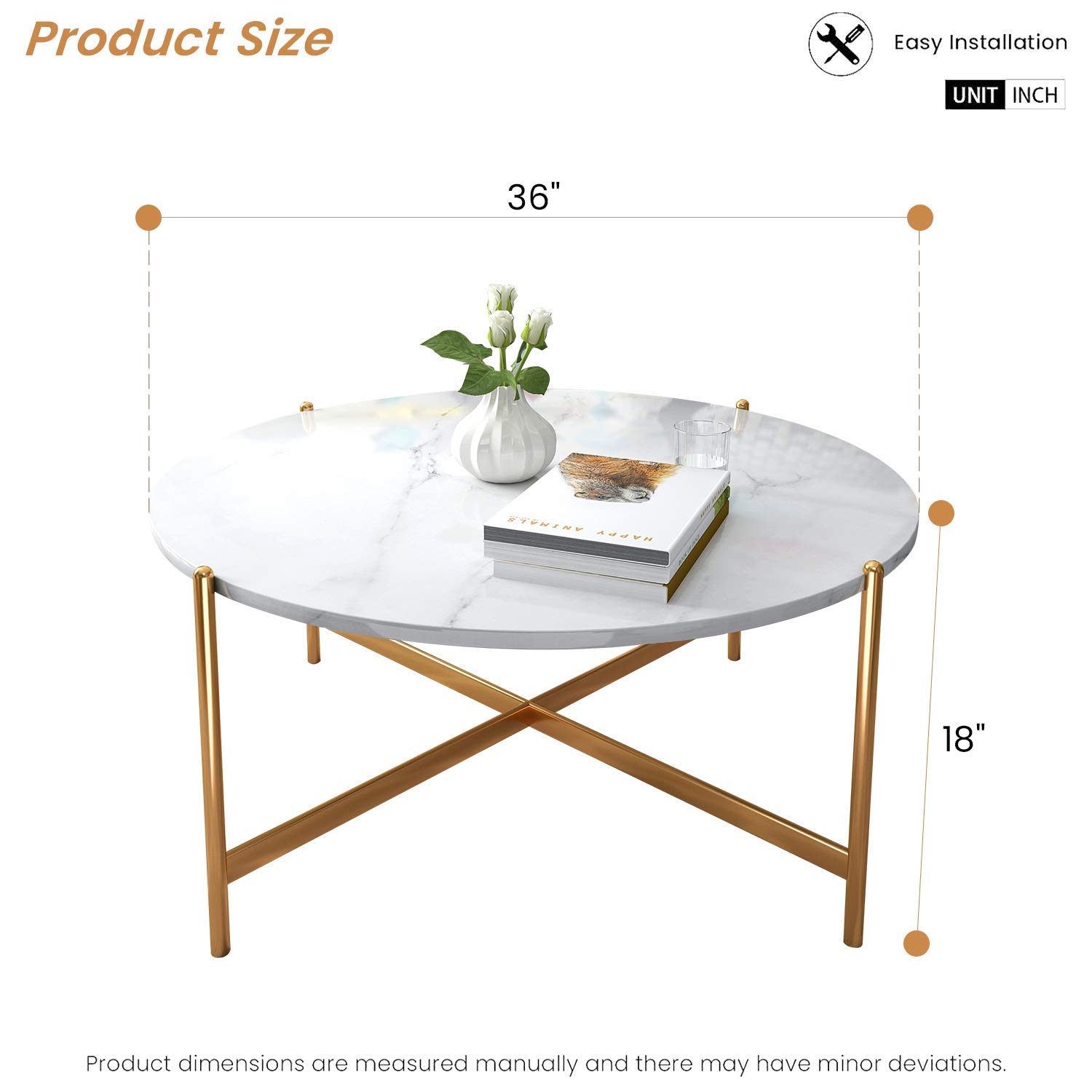 Modern Round Faux Marble Coffee Table - 36 Inch White Gold Accent Table with Sturdy Metal Frame, Easy Assembly for Living Room, Dining Room & Home Office | Perfect for Small Spaces, Coffee Date & Entertaining Guests