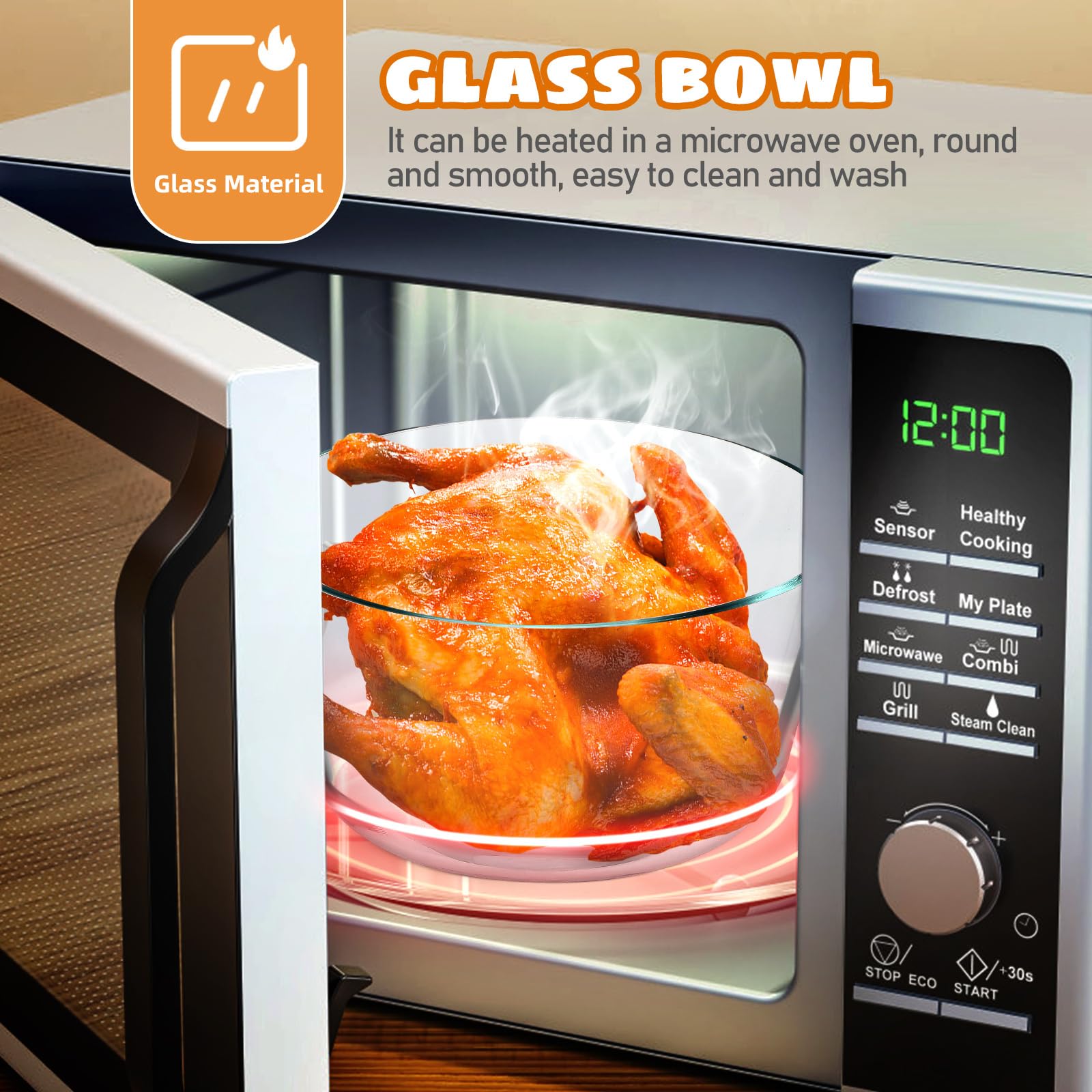 HEMOTON 2500ml Glass Salad Bowl with Wood Stand - Kitchen & Party Serving