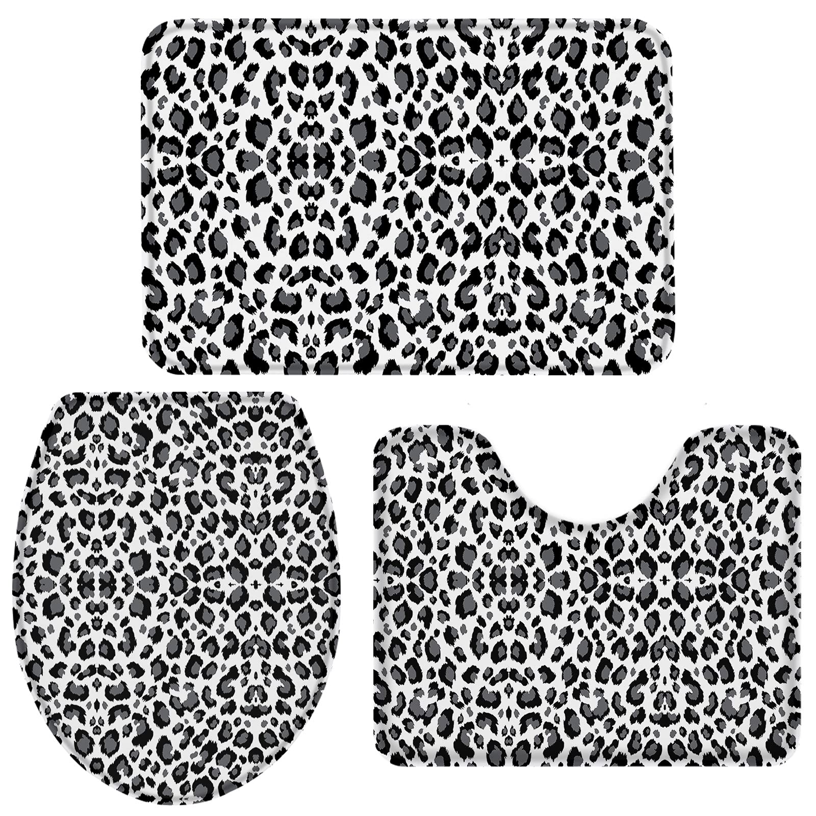 BRINGMEHOME 3-Piece Bathroom Rug Set - Black Leopard Print Non-Slip Bath Mat, Toilet Seat Cover & Pedestal Mat - Soft Contour Rugs for Modern Bathroom Decor - Perfect for Master Bath, Guest Bath & Powder Rooms