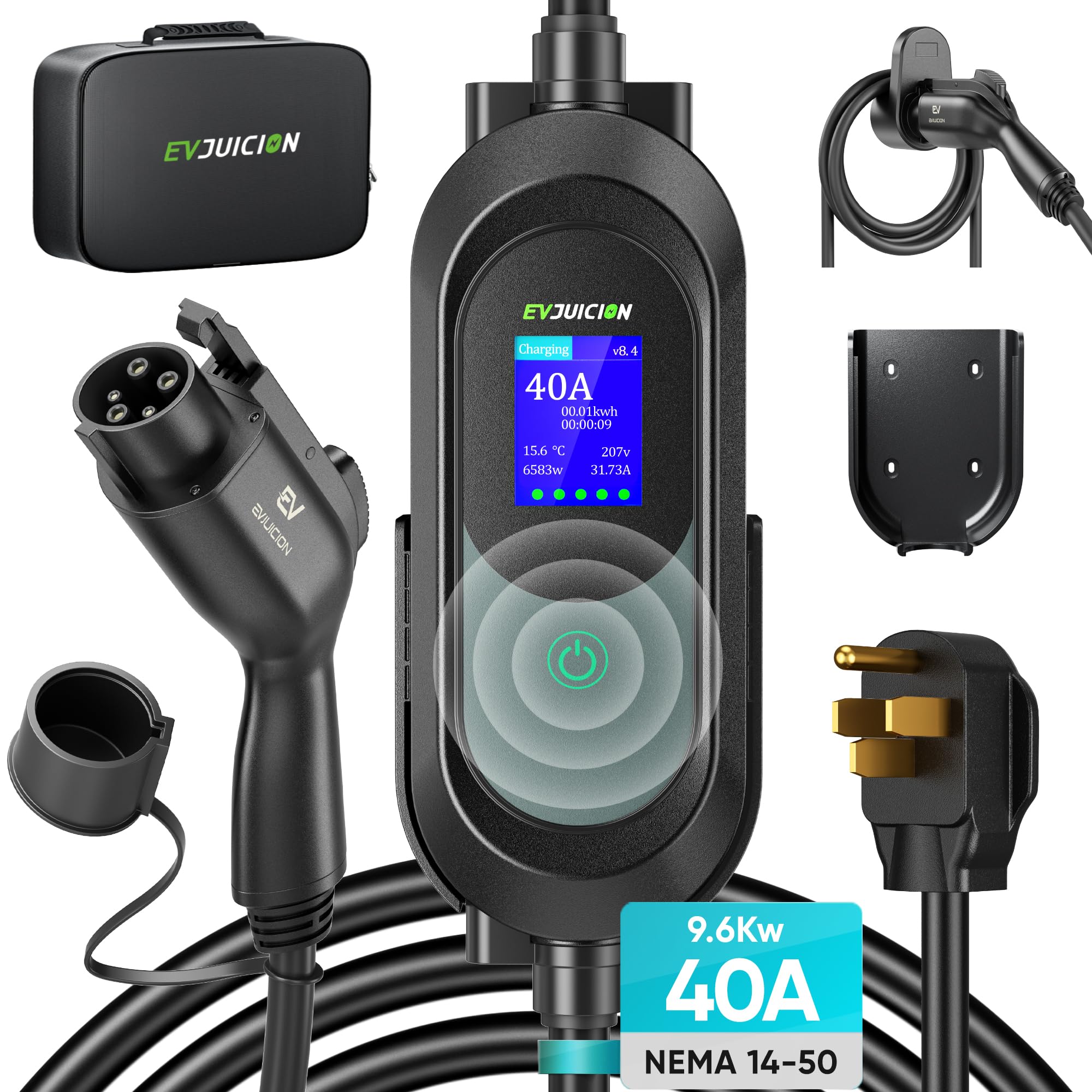 40Amp 9.6kW Level 2 EV Charger with Smart LED Screen - Adjustable 16-40A, 12H Timer, 23FT Cable - NEMA 14-50P J1772 (Includes Bag/Wall Mount) - Perfect for Home & Workplace Electric Vehicle Charging
