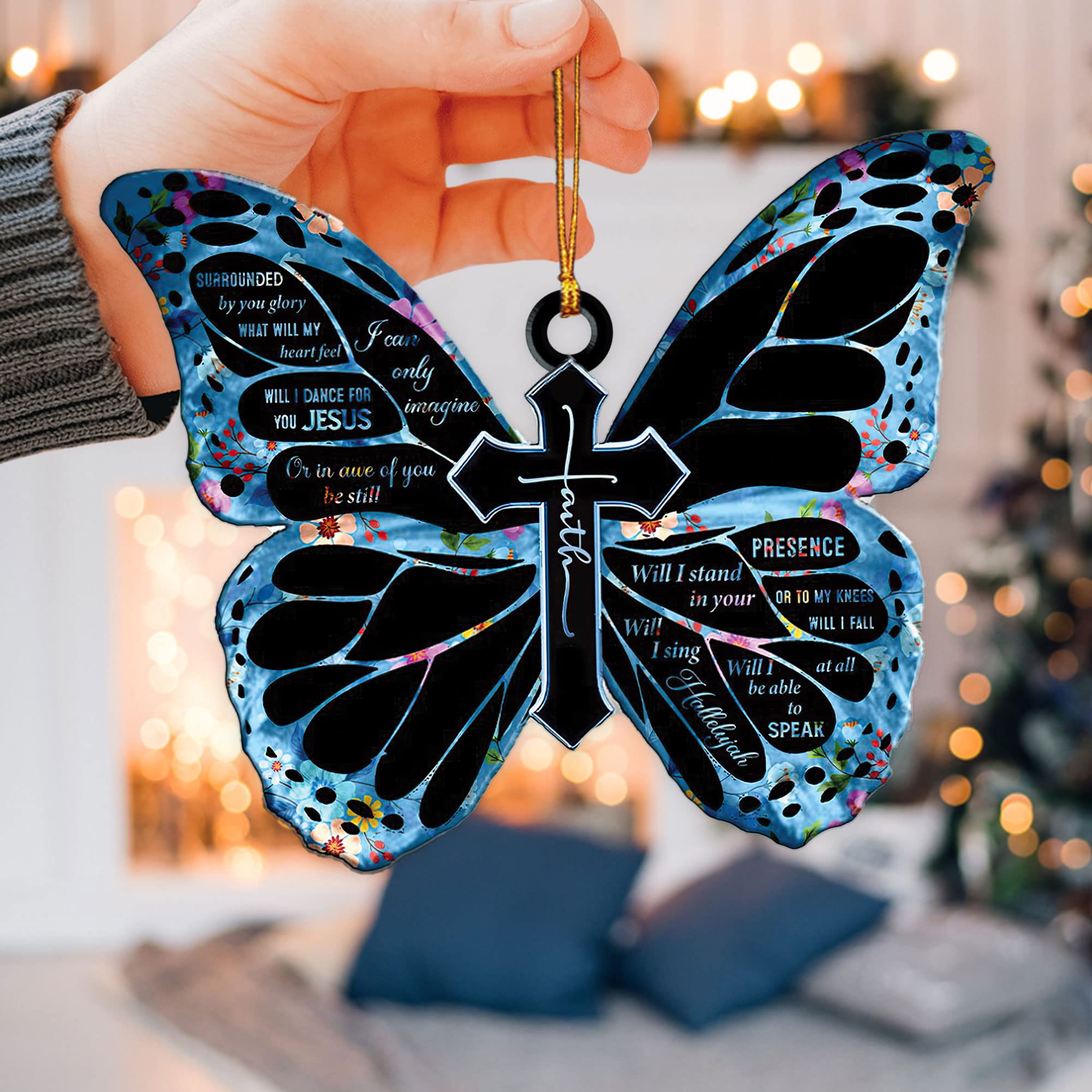Blue Butterfly Faith Jesus Cross Christian Car Mirror Charm - 2D Flat Hanging Pendant for Rearview Decor, Christmas Tree Ornament & Gift (Perfect for Car Interior, Holiday Decorations & Religious Gifts)