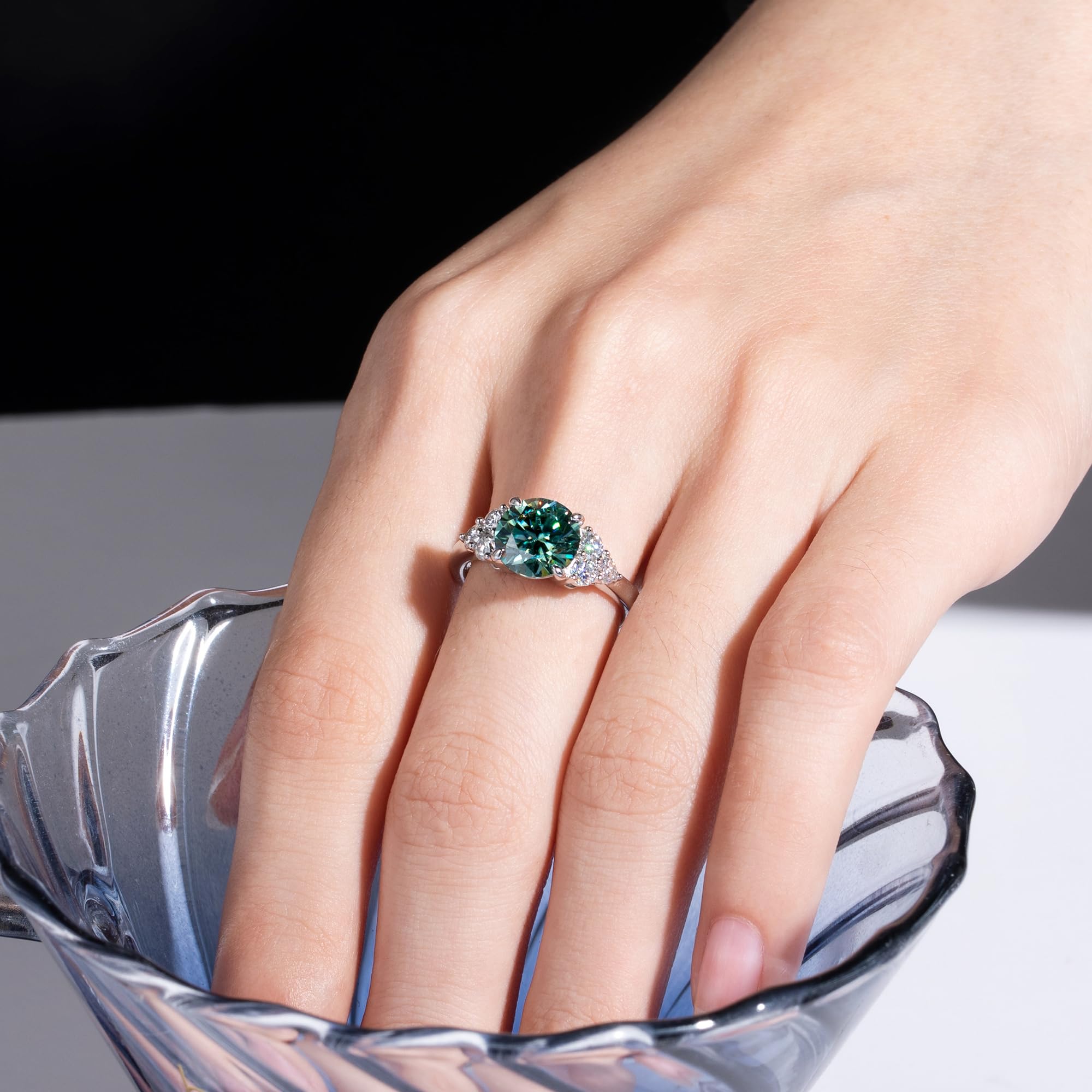 3.0 Carat Fancy Vivid Blue Green Moissanite Ring | 3.6 CTTW VVS D-Color Certified | Platinum Plated Silver Wedding Band | Elegant Engagement & Anniversary Ring for Women | Perfect for Proposals, Bridal Jewelry & Special Occasions