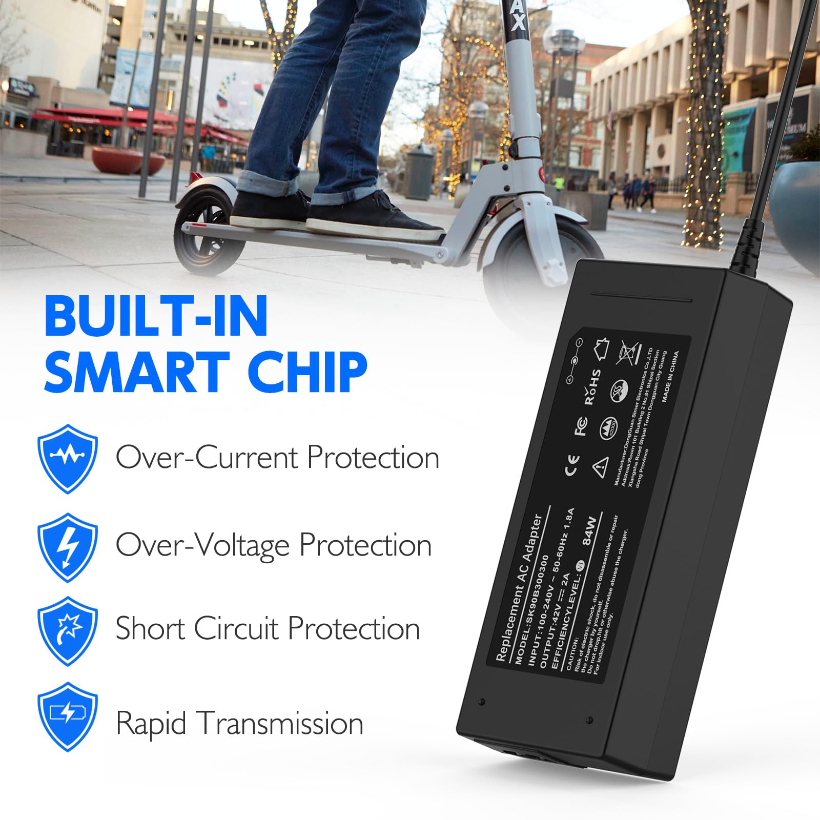 42V 2A Power Adapter for Lime/Electric Scooter Charger | 36V Lithium Battery Charger with 3-Prong Connector for Sports/Pocket Mod | Fast Charging for E-Scooters, Hoverboards & Personal Mobility Devices