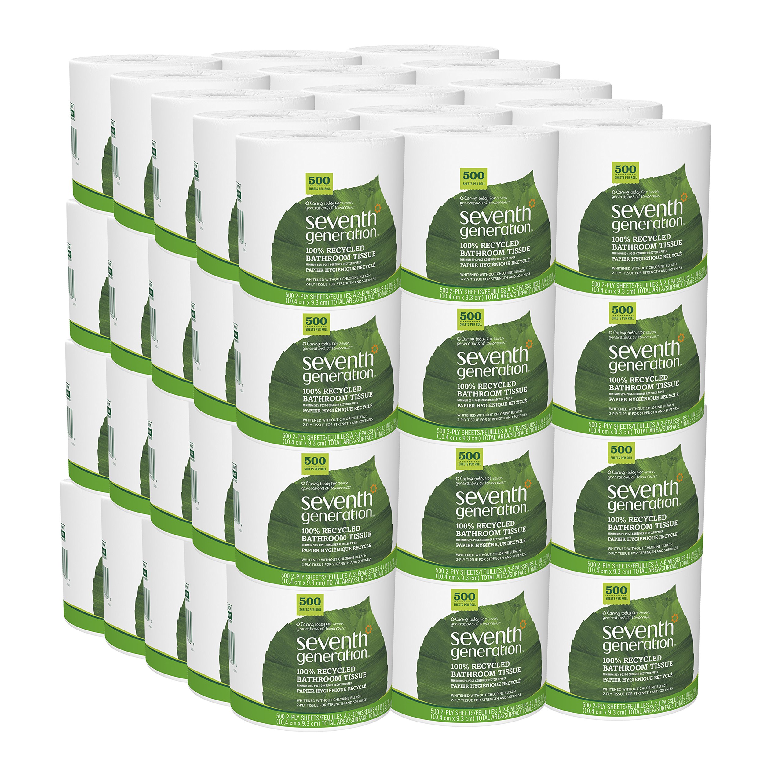 Seventh Generation 2-Ply White Toilet Paper - 100% Recycled, 500 Sheets per Roll, 60 Rolls - Soft & Strong for Everyday Use in Homes & Offices