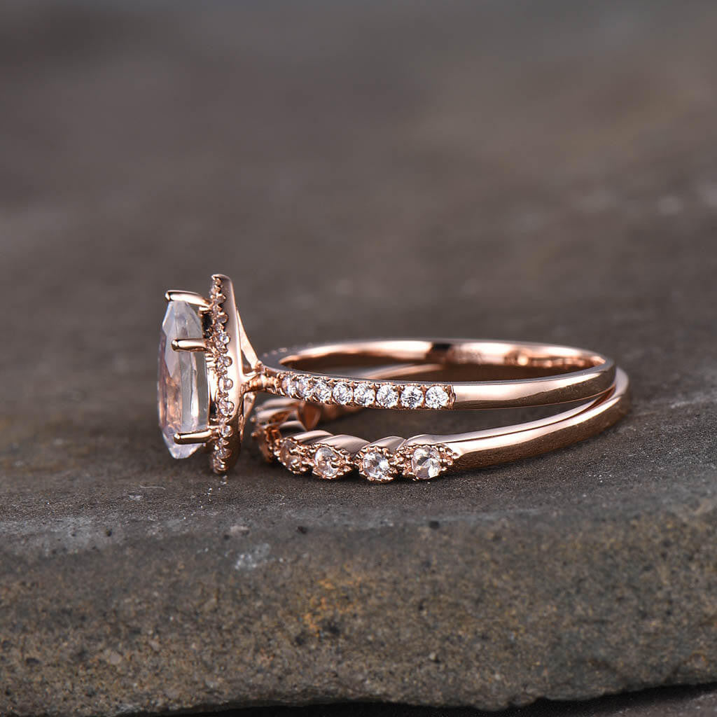 14K/18K Gold Pear Shaped Moonstone Diamond Halo Engagement Ring Set - Elegant Wedding Band for Brides, Anniversary Gift & Proposal Jewelry for Her