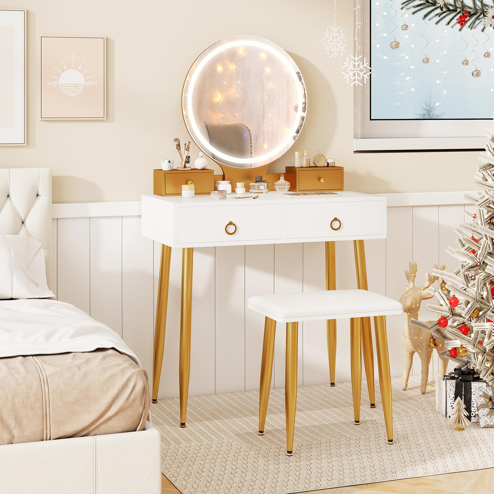 Charmaid Vanity Desk with Mirror & LED Lights - Modern Makeup Dressing Table with 4 Storage Drawers, 3 Lighting Modes & Adjustable Brightness, White & Gold Vanity Set with Stool - Perfect for Bedroom, Boudoir & Beauty Room Organization