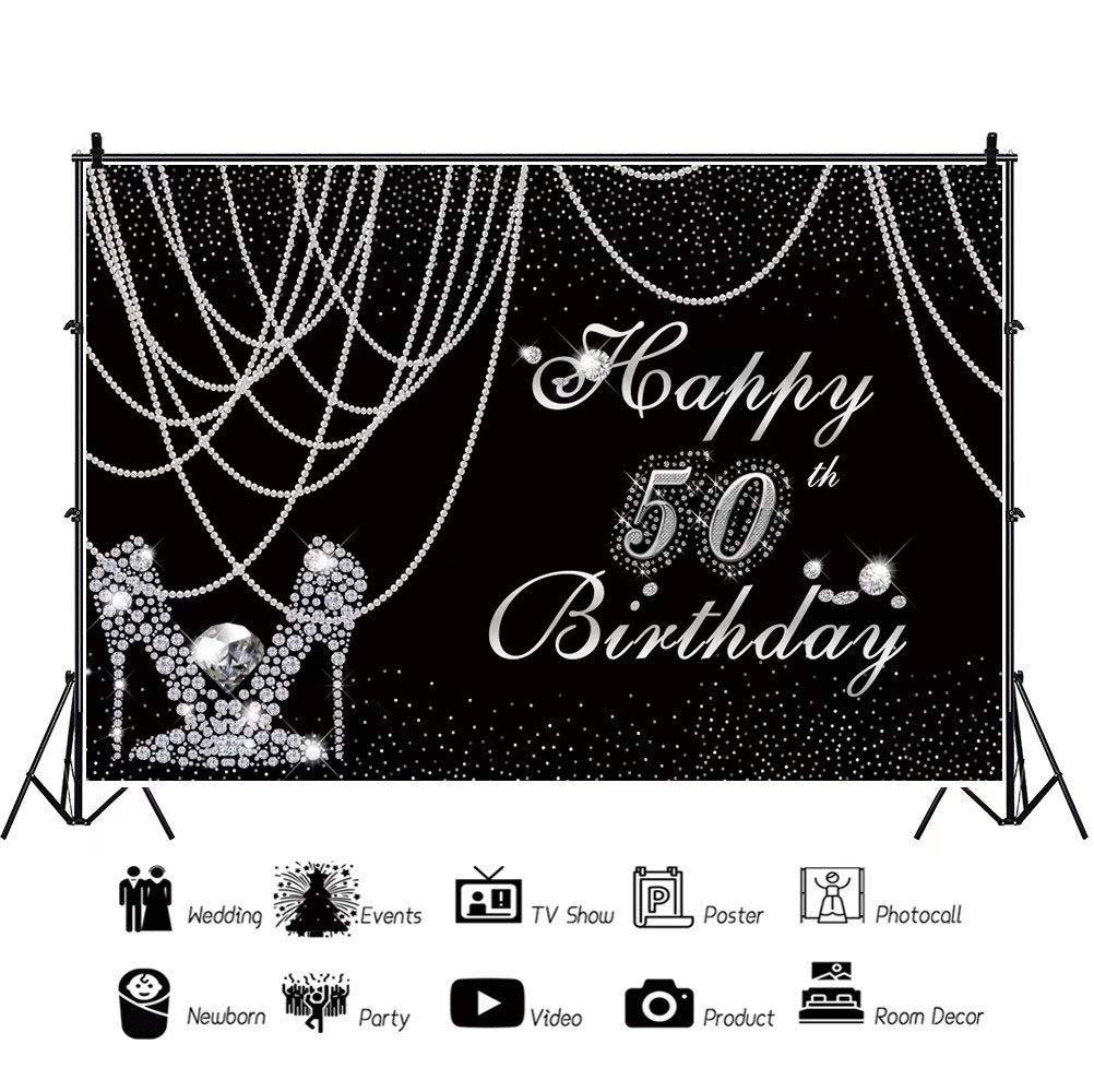 50th Birthday Party Backdrop for Women - 7x5ft Black & Silver Sparkly Photo Background with Pearl Curtain & Diamond High Heels - Perfect for Photography Studio, Photo Booth, Birthday Celebrations & Special Events