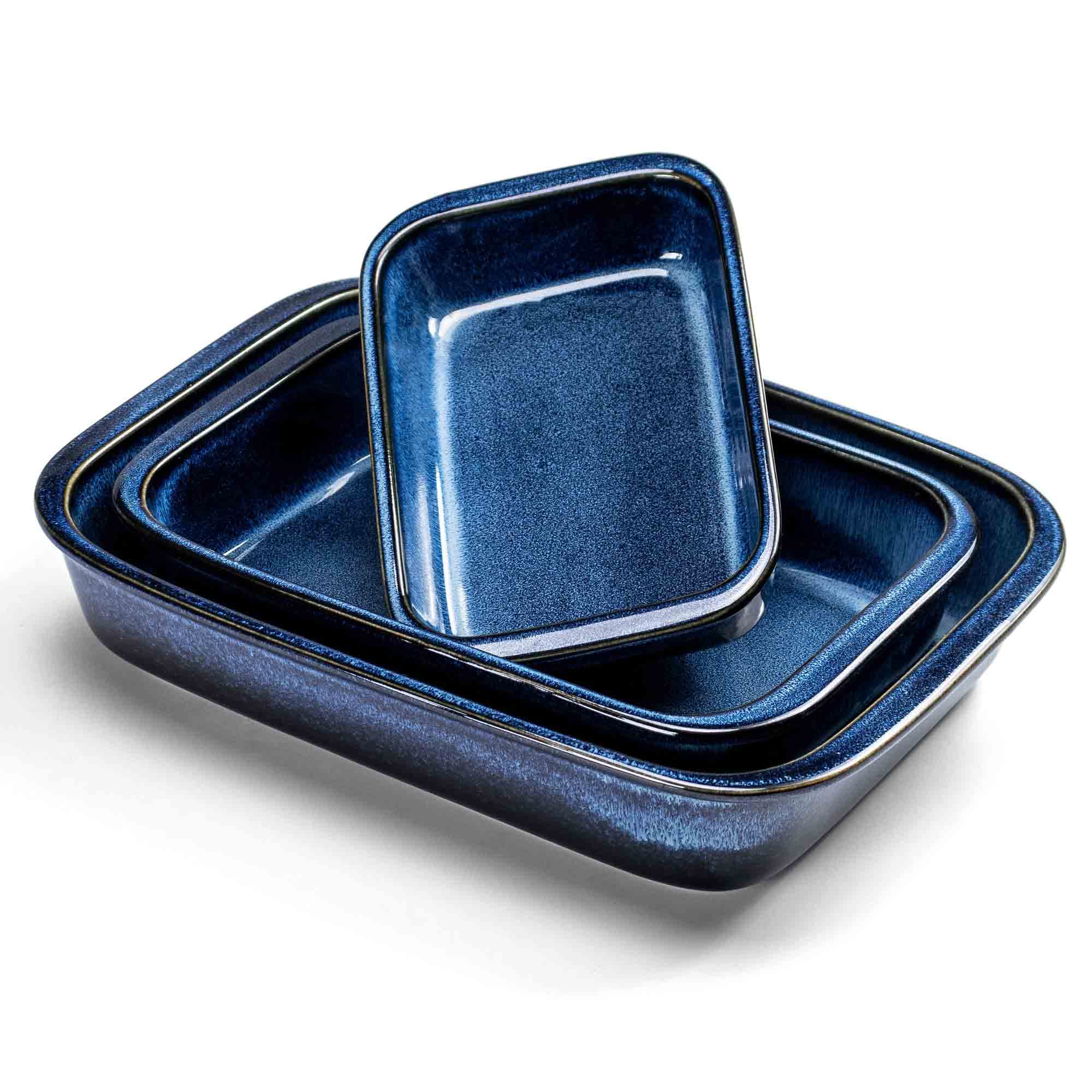 Henten Home 3-Piece Ceramic Baking Dish Set - Porcelain Bakeware for Oven & Microwave, Oblong Casserole & Rectangular Baking Tray with Reactive Glaze (Blue) - Perfect for Lasagna, Casseroles & Holiday Meals