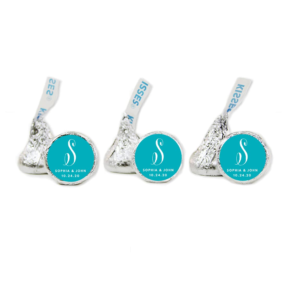 Personalized Chocolate Drop Label Stickers for Hershey's Kisses - Custom Wedding Monogram with Bride & Groom Names & Date - 216-Pack Aqua Turquoise Party Favors - Perfect for Wedding Favors, Bridal Showers & Anniversary Celebrations