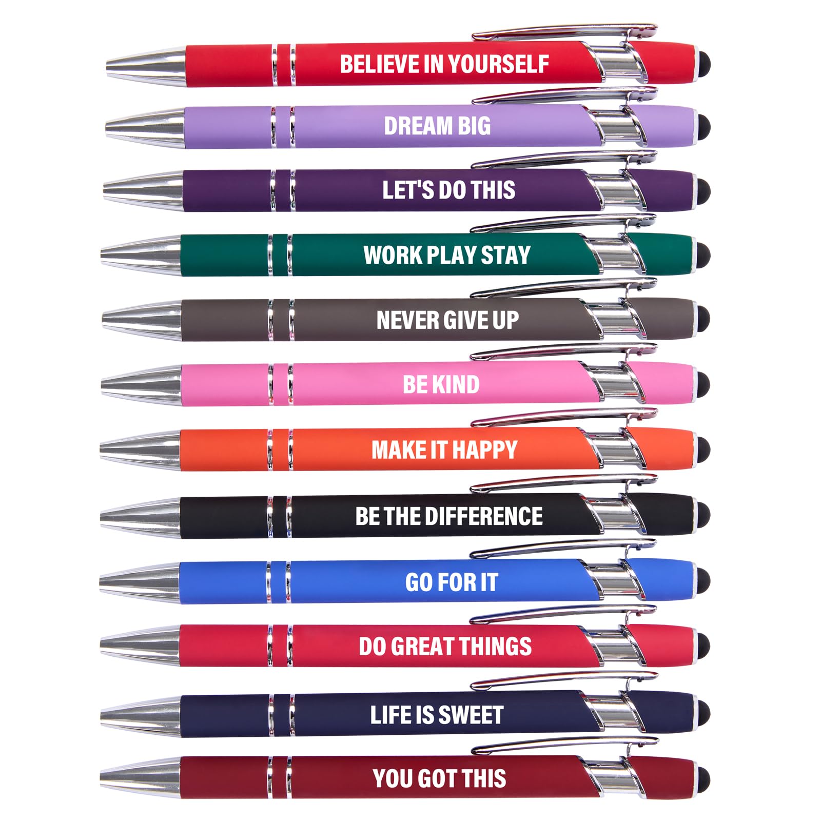 12 Pack Funny Motivational Ballpoint Pens with Stylus Tips - 1.0mm Fine Point Smooth Writing Black Ink Pens for Office, School & Gifts | Inspirational Desk Accessories for Work, Study & Touchscreen Devices
