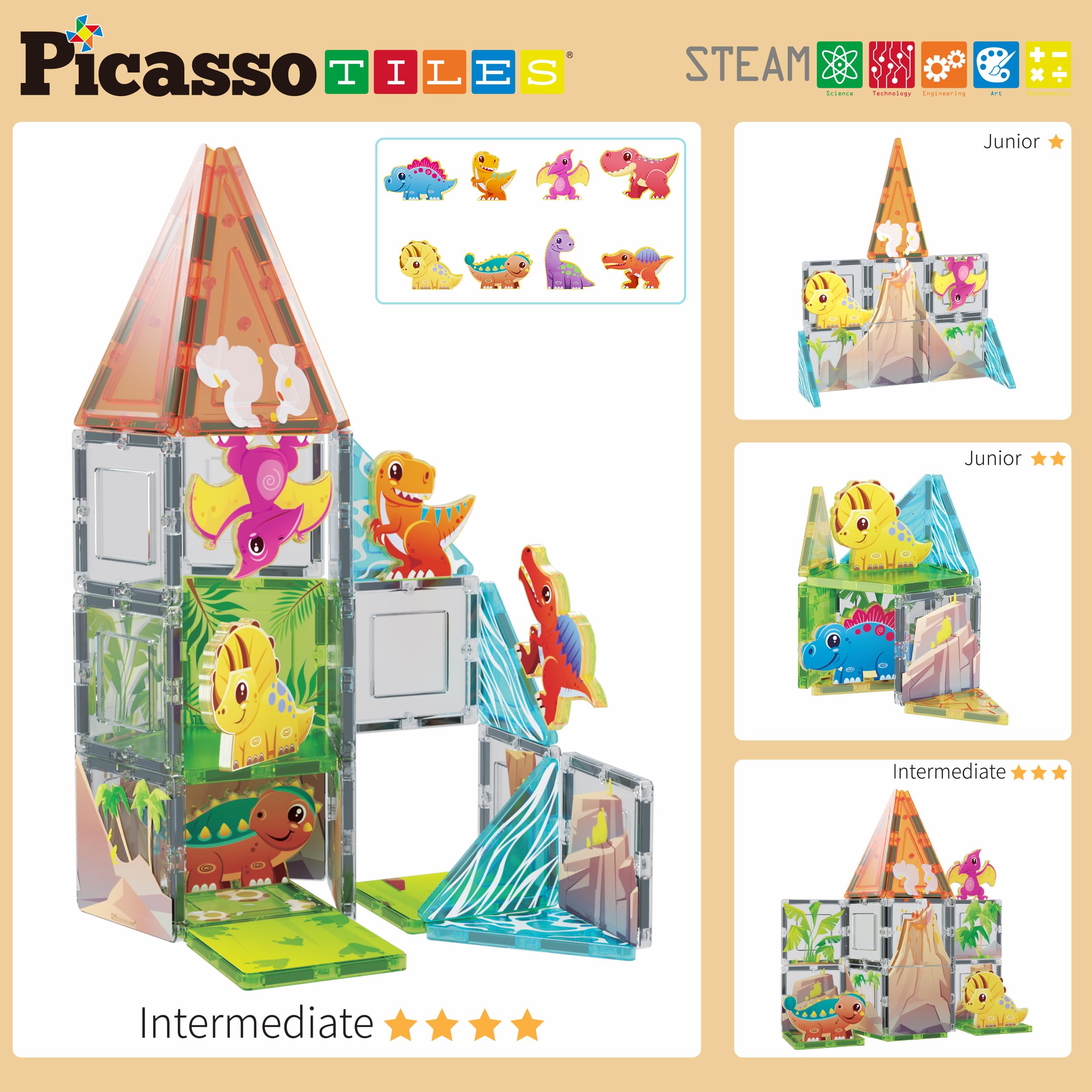 PicassoTiles Magnetic Blocks Dinosaur Set - STEM Toys for Toddlers 3+ | Play & Learn