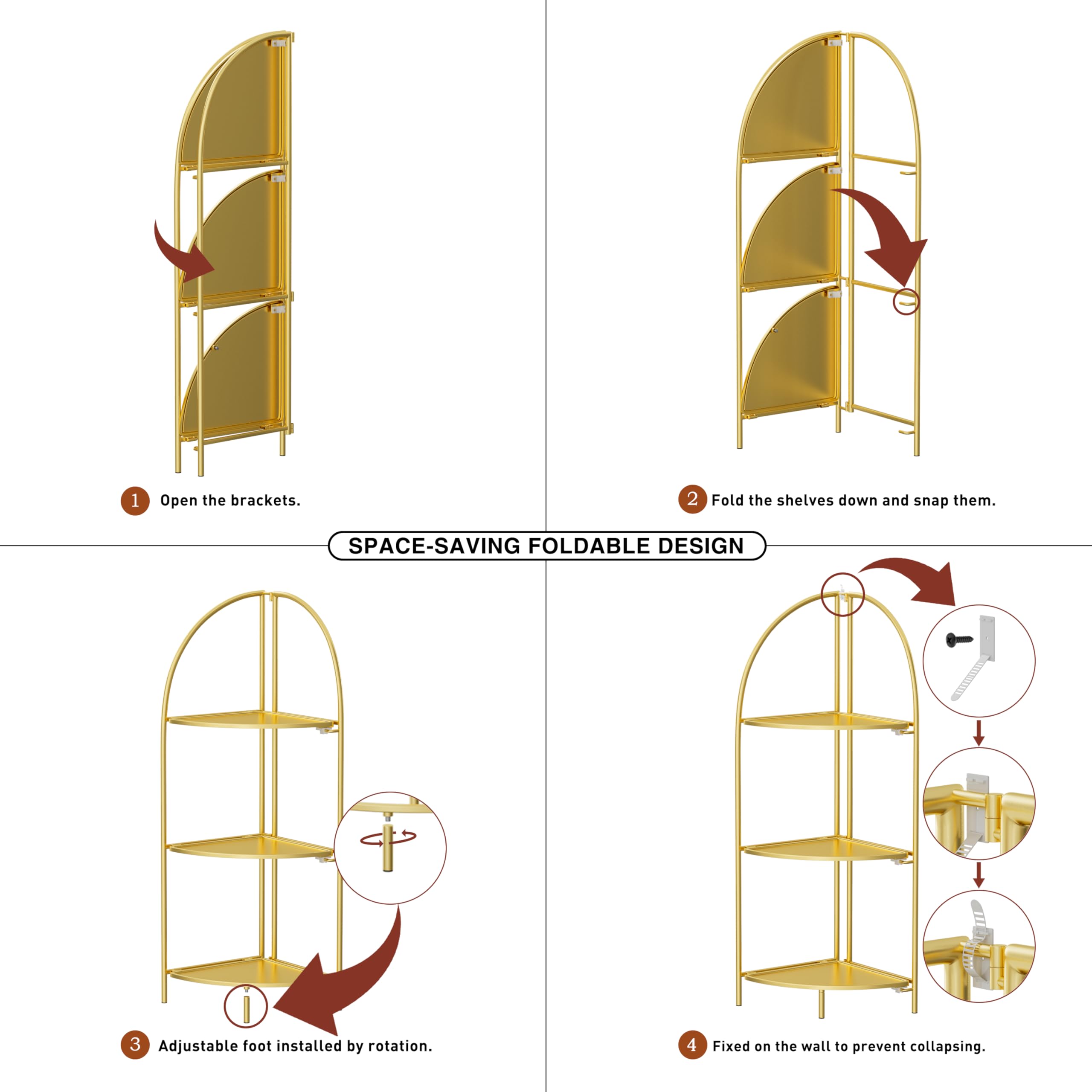 Foldable 3-Tier Metal Corner Shelf with Gold Frame - Space-Saving Plant Stand & Display Rack for Living Room, Bedroom, Bathroom - Perfect for Small Spaces, Home Decor & Organizing Plants, Books & Decorative Items