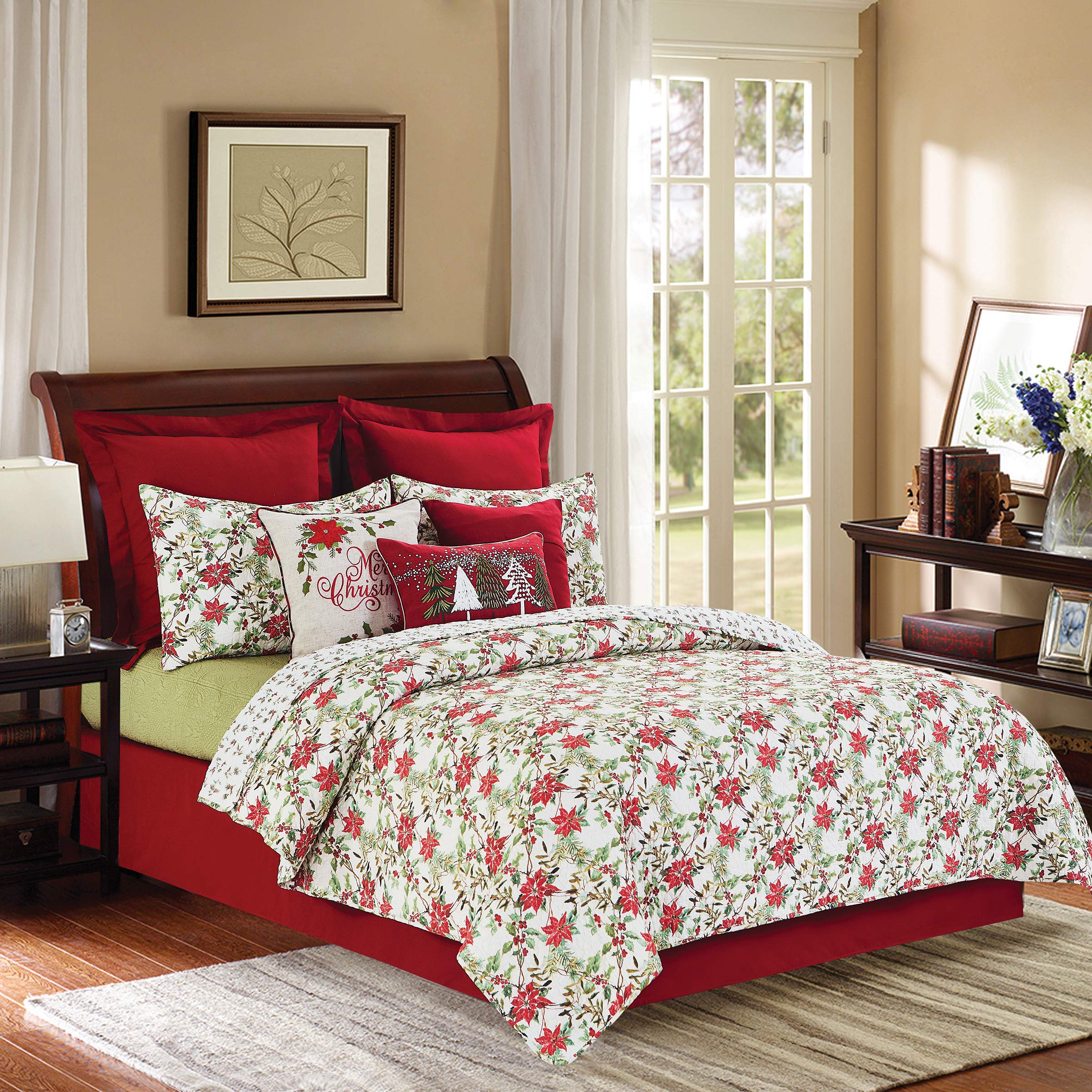C&F Home Eve Reversible King Quilt Set - Red & Green Botanical Holly Sprig Christmas Design - 3 Piece Bedding Set for Holiday Decor (King Size) - Perfect for Festive Bedroom Makeover and Winter Home Styling