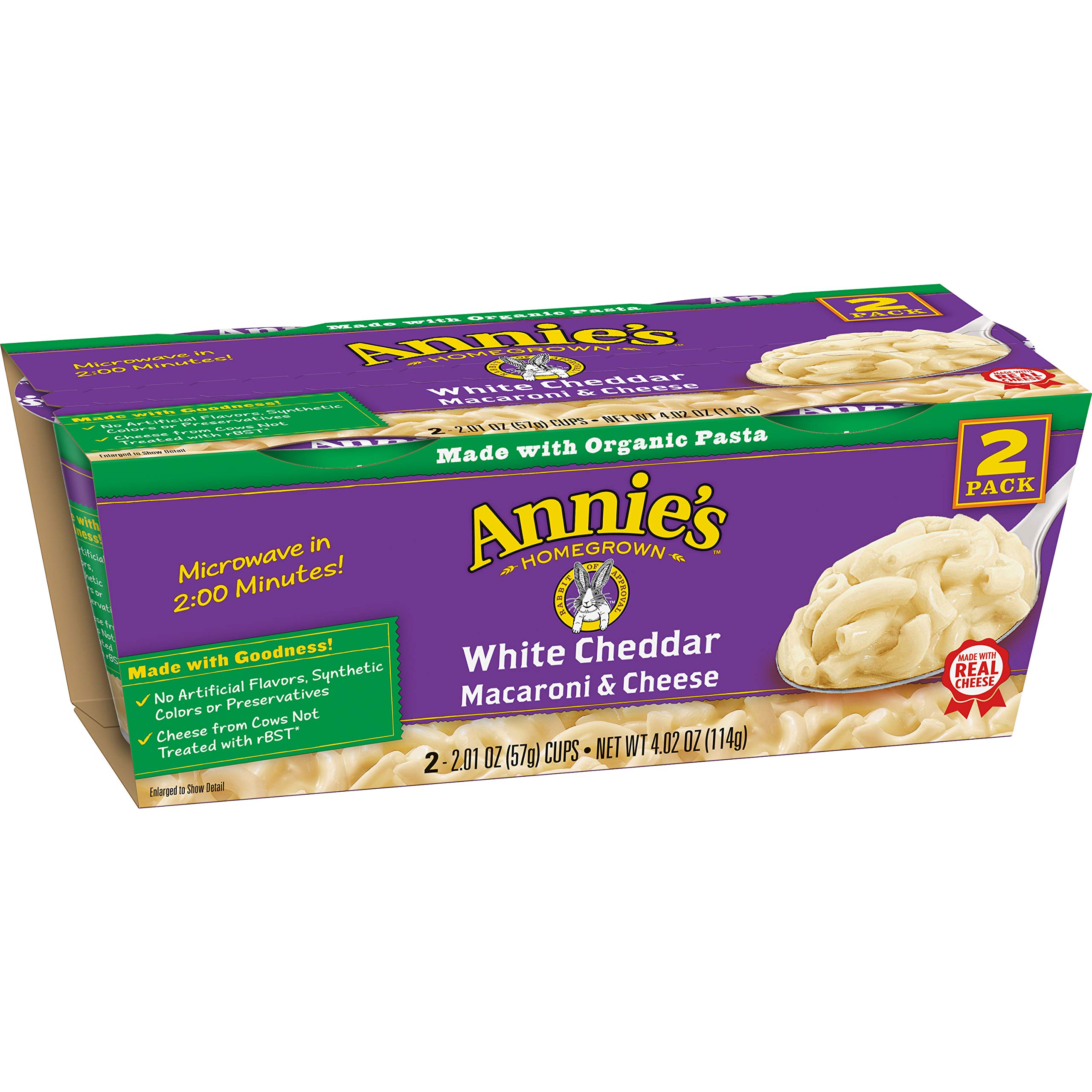 Annie's Organic White Cheddar Macaroni & Cheese - Microwaveable Mac and Cheese (2 Pack, 4.02 oz) | Quick Lunch, Kids Meal, College Dorm Snack, Camping Food