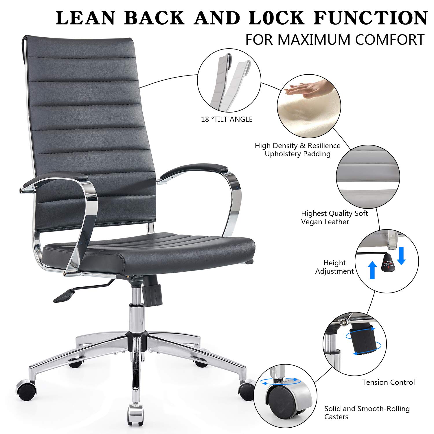 Ergonomic High Back Leather Office Chair - Adjustable Computer Desk Chair for Home & Work, Black (4020-Black) - Perfect for Long Hours of Work, Gaming & Study