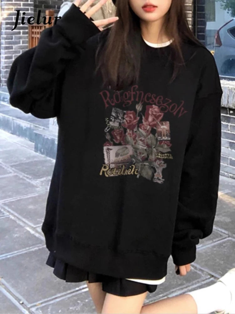 Black O-Neck Loose Office Hoodie for Women - Fashionable Pullover Sweatshirt with Spell Color Design | Chic Basic Women's Hoodie for Work, Casual Wear & Lounge