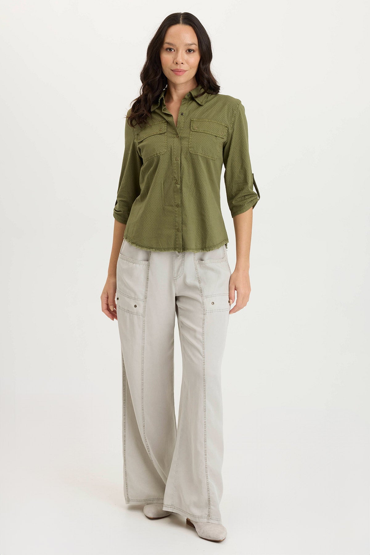 Arvin Perforated Poplin & Jersey 3/4 Sleeve Snap Up Top for Women | Breathable Summer Blouse | Casual Office Wear & Weekend Outfits