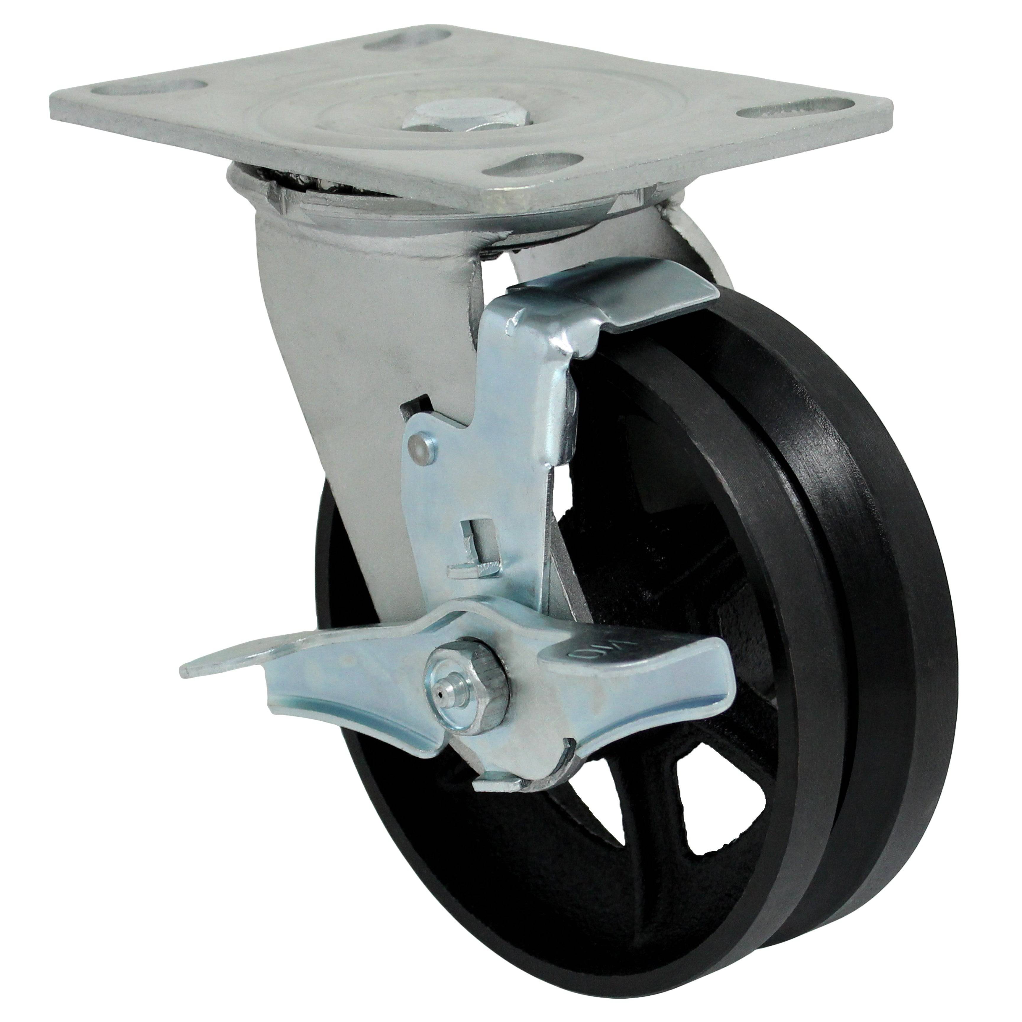 6 x 2 Inch Heavy Duty V-Groove Cast Iron Swivel Caster Wheels with Top Lock Brake - 1000 lbs Capacity for Industrial Equipment, Warehouse Carts, and Workbenches