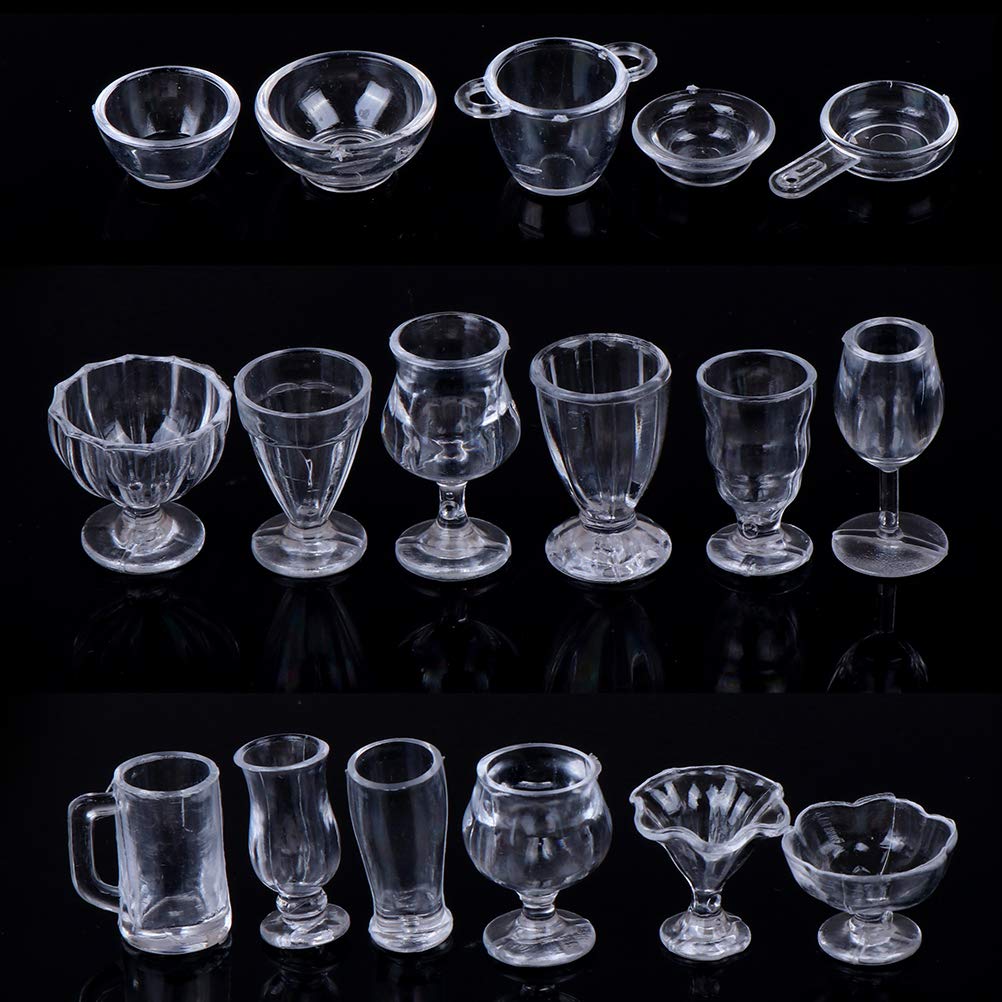 Eyomii 17-Piece Miniature Dollhouse Tableware Set - Transparent Plastic Cups, Bowls & Tea Set for Doll Kitchen Accessories | Perfect for Dollhouse Decor, Miniature Displays & Collectible Scenes