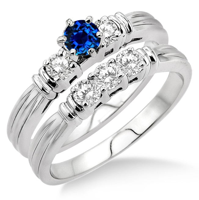 1.25 Carat Sapphire & Moissanite Diamond 3-Stone Engagement Ring Wedding Set in 10K White Gold - Perfect for Bridal Jewelry, Anniversary Gifts & Special Occasions