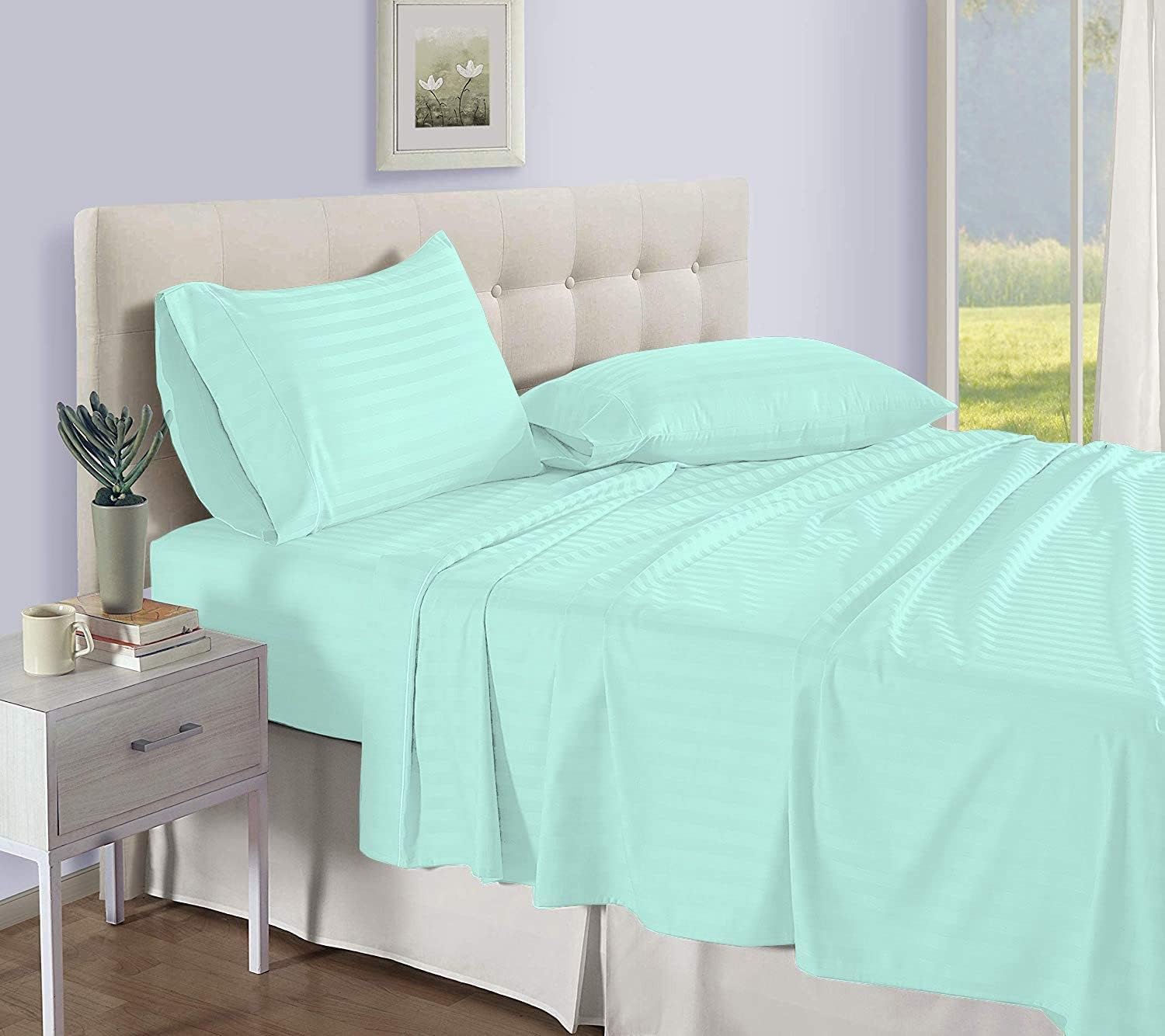 Queen Aqua Blue Stripe Sheet Set - 800 Thread Count Luxury Hotel Quality Bedding | Ultra Soft, Breathable & Cooling Organic Cotton Sheets with 21
