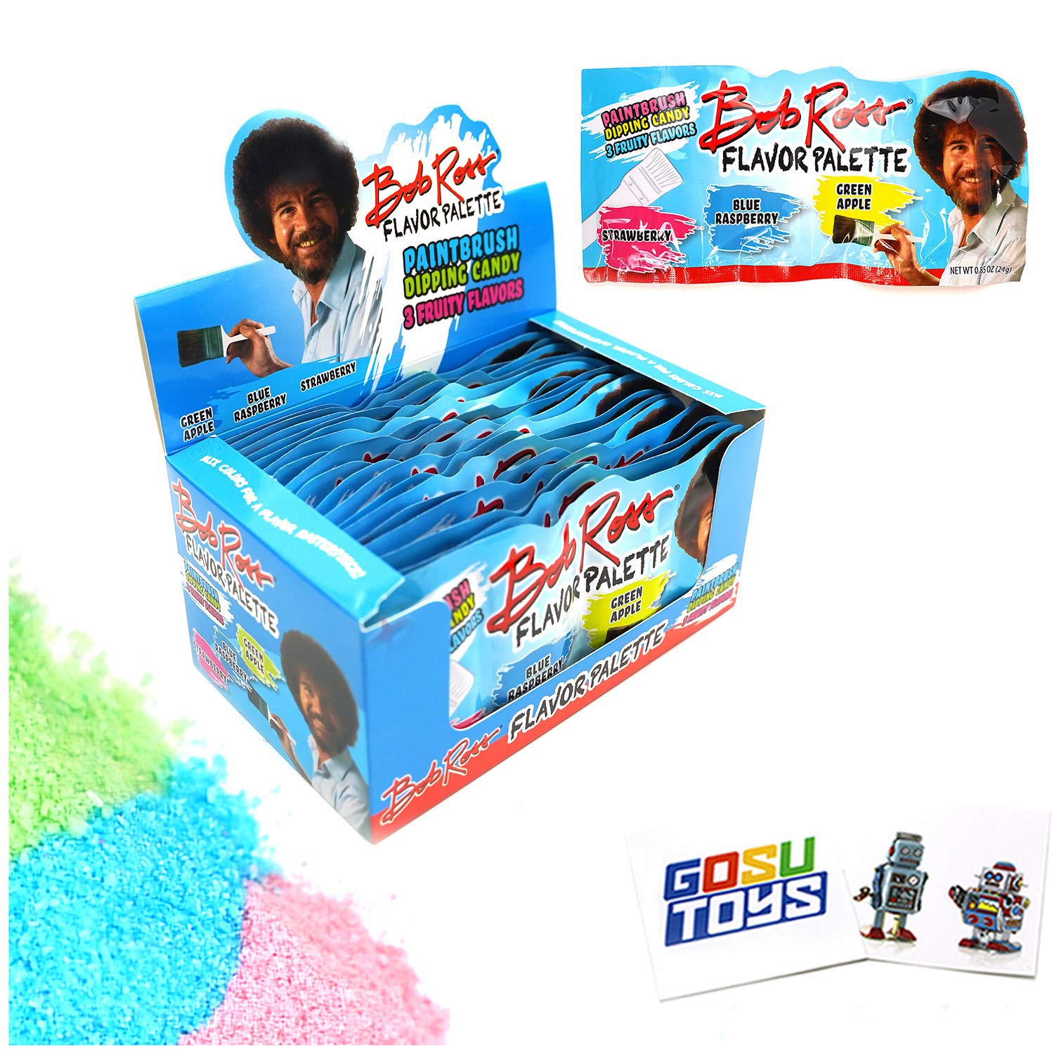 Bob Ross Flavor Palette - 18 Pack Paintbrush Dipping Candy with 3 Fruity Flavors (Strawberry, Blue Raspberry, Green Apple) - Includes 2 GosuToys Stickers - Perfect for Art-Themed Parties, Classroom Rewards & Creative Snacking