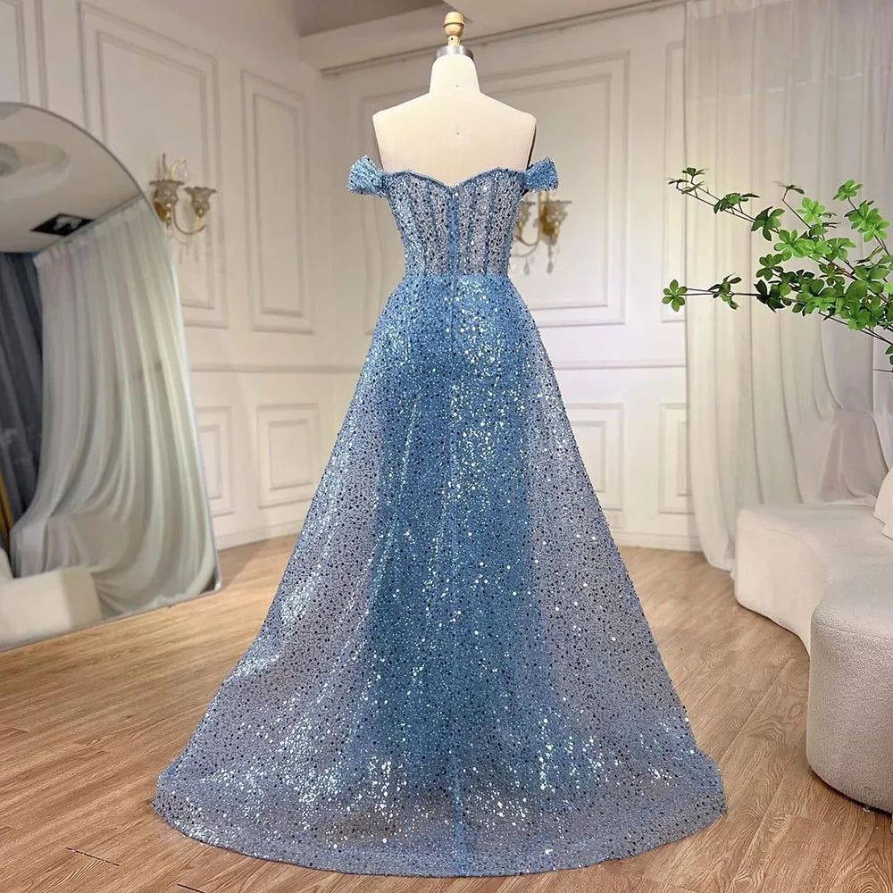 Elegant Blue Mermaid Off-Shoulder Beaded Sequined Evening Gown with Overskirt for Women - Perfect for Prom, Party & Formal Events 2025 (LA72204)