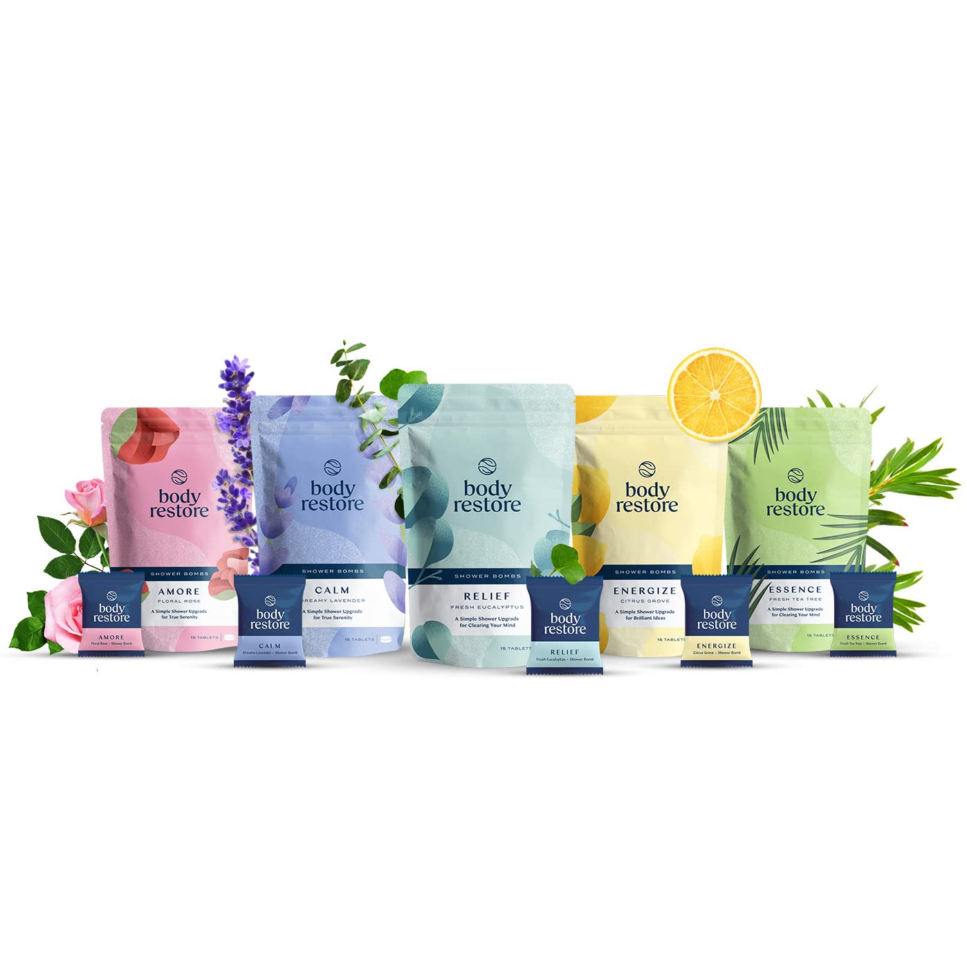 Body Restore Shower Steamers Aromatherapy Set - 15 Packs x 5 Scents (Eucalyptus, Citrus, Lavender, Rose, Tea Tree) with Essential Oils for Stress Relief - Perfect Gifts for Women & Men, Mom, Relaxing Bath Bombs for Spa-Like Shower Experience at Home