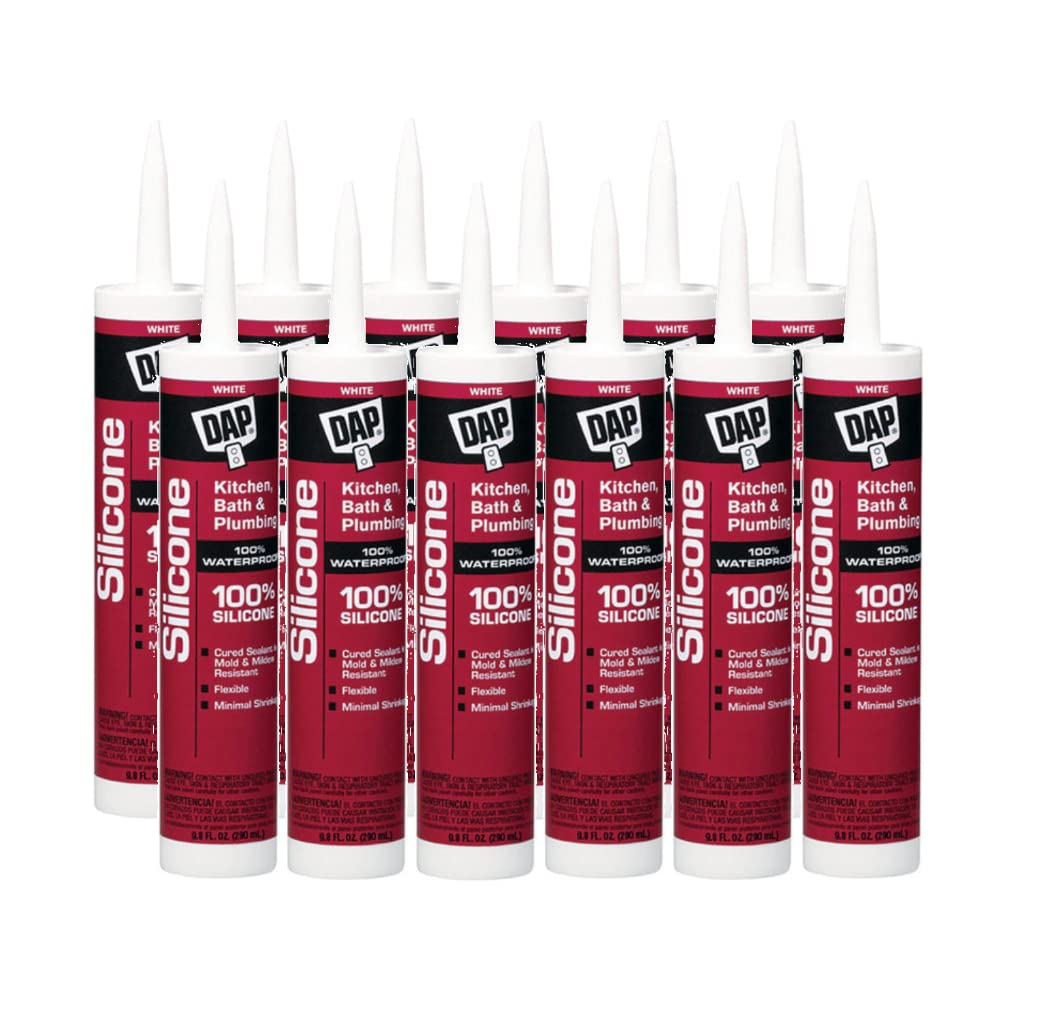 12 Pack of 10.1 oz Dap 8640 Silicone White 100% Silicone Kitchen & Bath Sealant - Waterproof Adhesive for Showers, Sinks, Tiles & Countertops