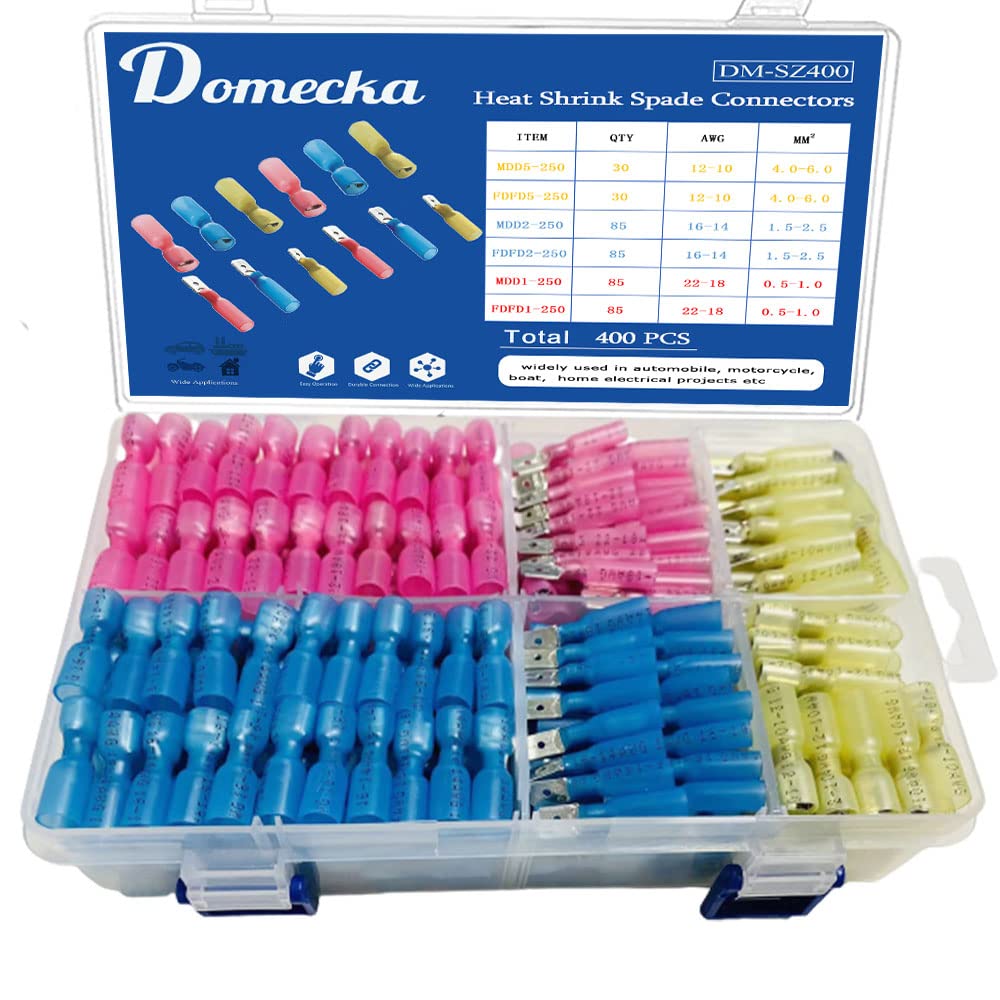 400pcs Heat Shrink Spade Connectors - Insulated Quick Disconnect Electrical Terminals for Automotive, Marine & Home Wiring Projects (400-Piece Kit) - Perfect for DIY Electrical Repairs, Boat Wiring & Car Stereo Installations