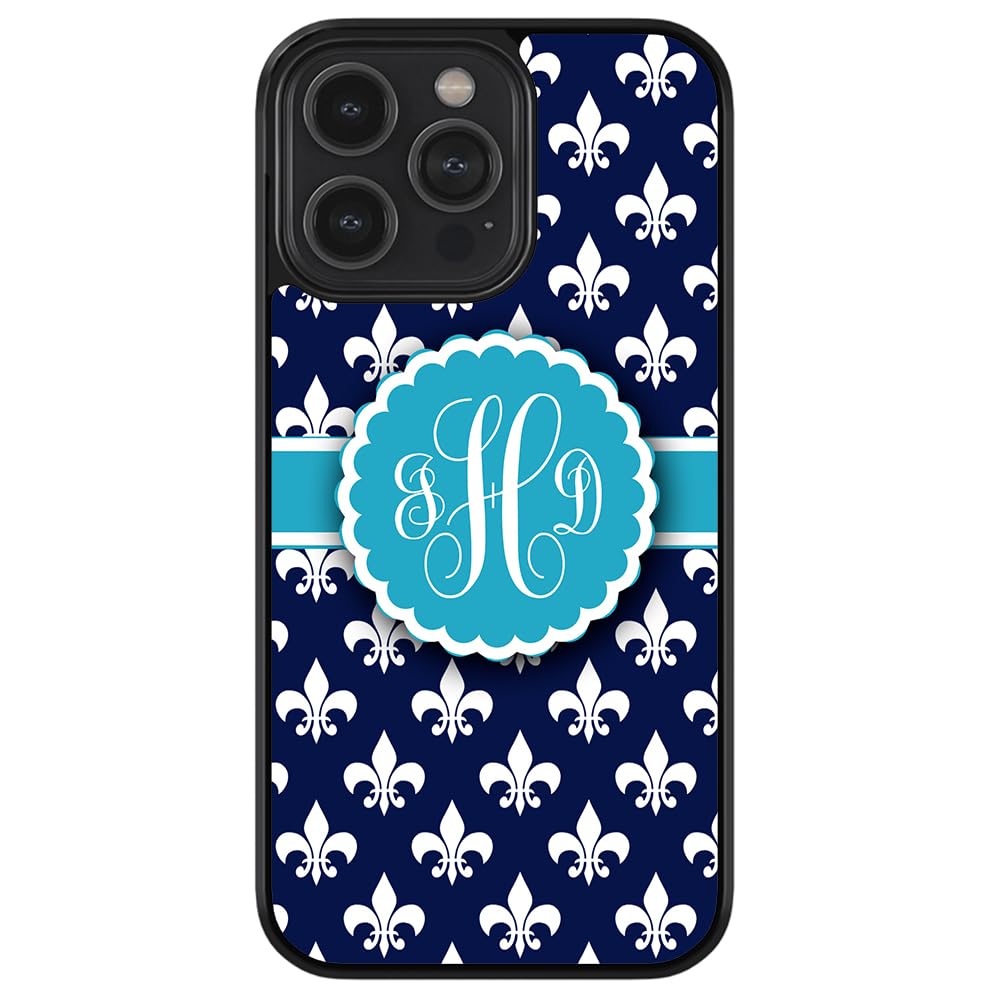 French Fleur De Lis Blue Monogram Black Rubber Phone Case for iPhone 16/15/14/13/12 Pro Max & Plus | Personalized Protection | Durable Shockproof Cover for Everyday Use & Travel