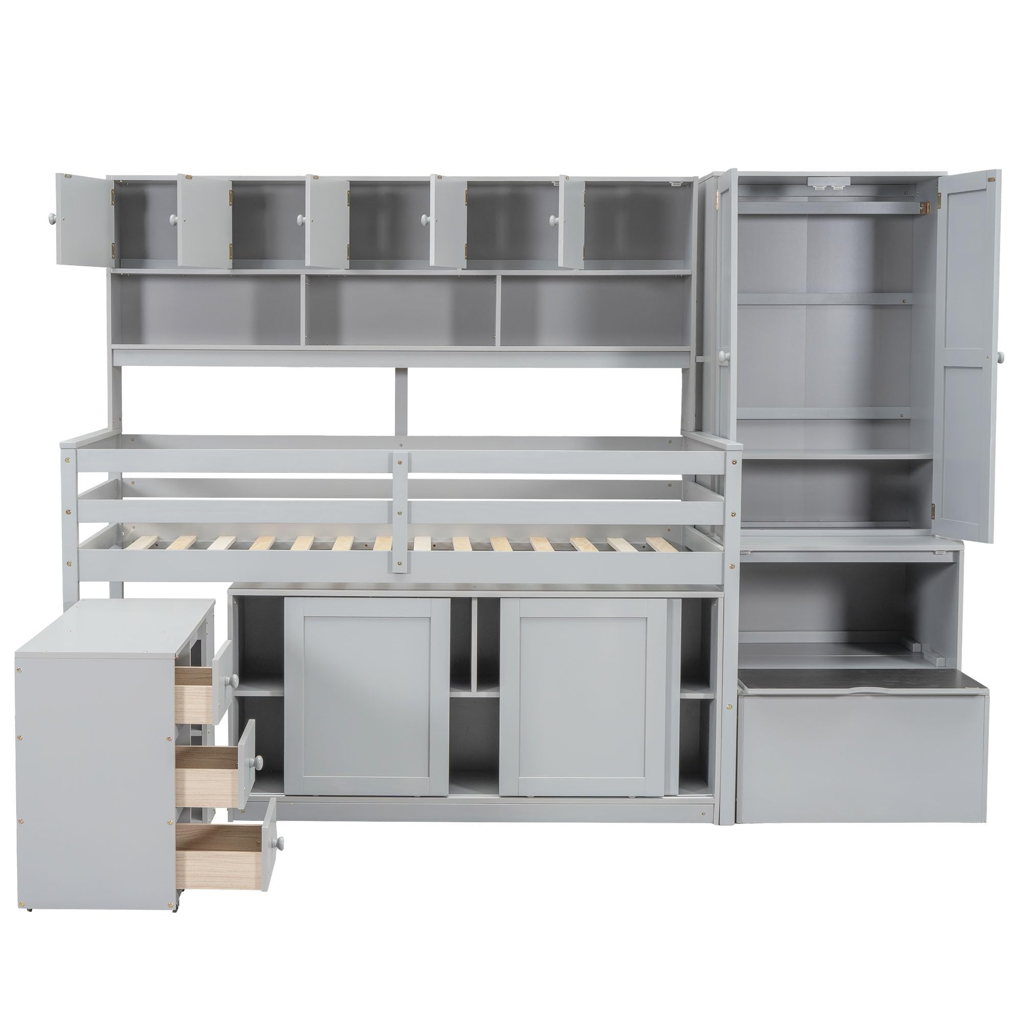Harper & Bright Designs Kids Twin Low Loft Bed with Desk & Wardrobe - Wood Twin Loft Bed Frame with Storage Shelves & Cabinet - Perfect for Small Bedrooms, Kids & Teens Room - Space-Saving Gray Loft Bed for Study & Sleep