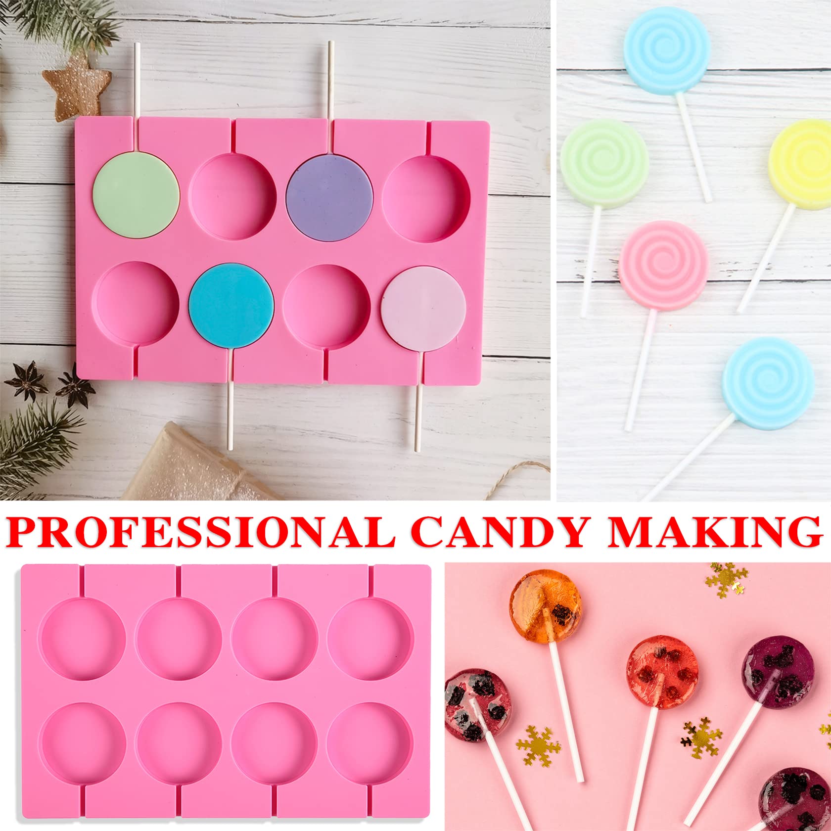 8-Cavity Round Silicone Lollipop Molds - Non-Stick Chocolate Candy Molds with 20 Sticks for Hard Candies, Chocolate, Bread & Jellies - Perfect for DIY Treats, Party Favors and Home Baking (Suction Cup Base Included)