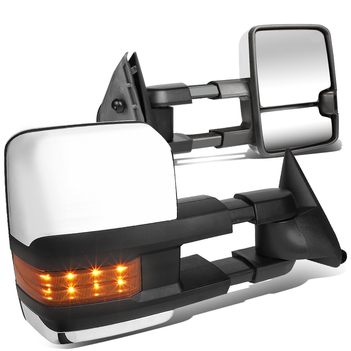 Auto Dynasty Pair Chrome Powered Glass Telescoping Amber LED Turn Signal Light Tow Mirrors - Compatible with Chevy/GMC C/K 88-02 Trucks - Perfect for Towing, Off-Roading & Night Driving