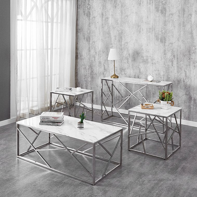 Premium Coffee Table Set with 8mm White Marble Glass Top & Chrome Legs - Modern Living Room Furniture for Home Decor & Entertaining