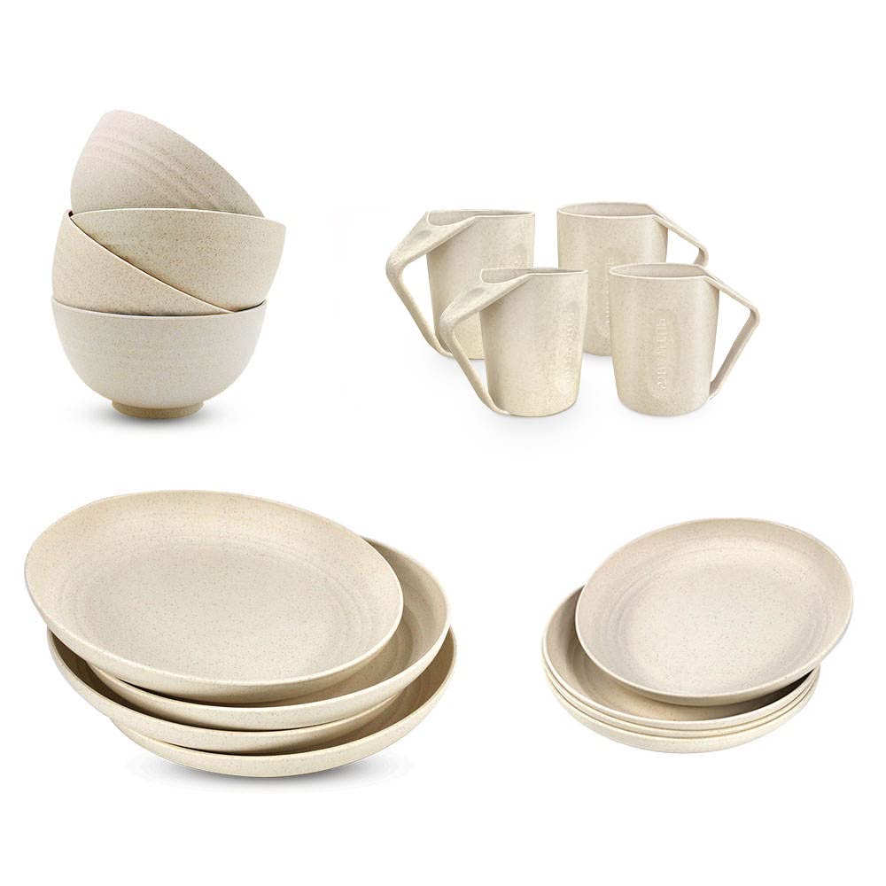 16-Piece Wheat Straw Dinnerware Set - Eco-Friendly Plates & Bowls for 4 - Unbreakable Beige Tableware - Perfect for Kids, Camping, Outdoor Dining & Everyday Use