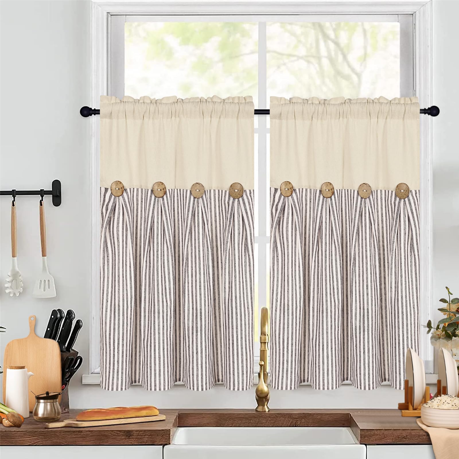 ASPMIZ 36 Inch Cotton Linen Kitchen Curtains - Farmhouse Rod Pocket Short Window Curtains in Brown Stripe, Boho Rustic Style for Bathroom & Cafe | Perfect for Small Windows, Home Decor & Kitchen Treatments
