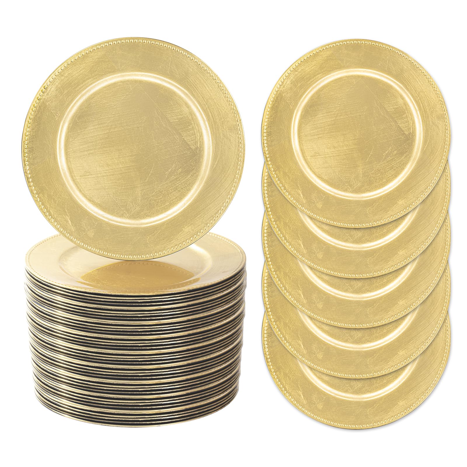 MAONAME 50-Pack Gold Foil Charger Plates 13 Inch - Elegant Beaded Plastic Round Chargers for Wedding, Party & Formal Dinner Table Settings - Bulk Disposable Plates for Events, Banquets & Home Decor