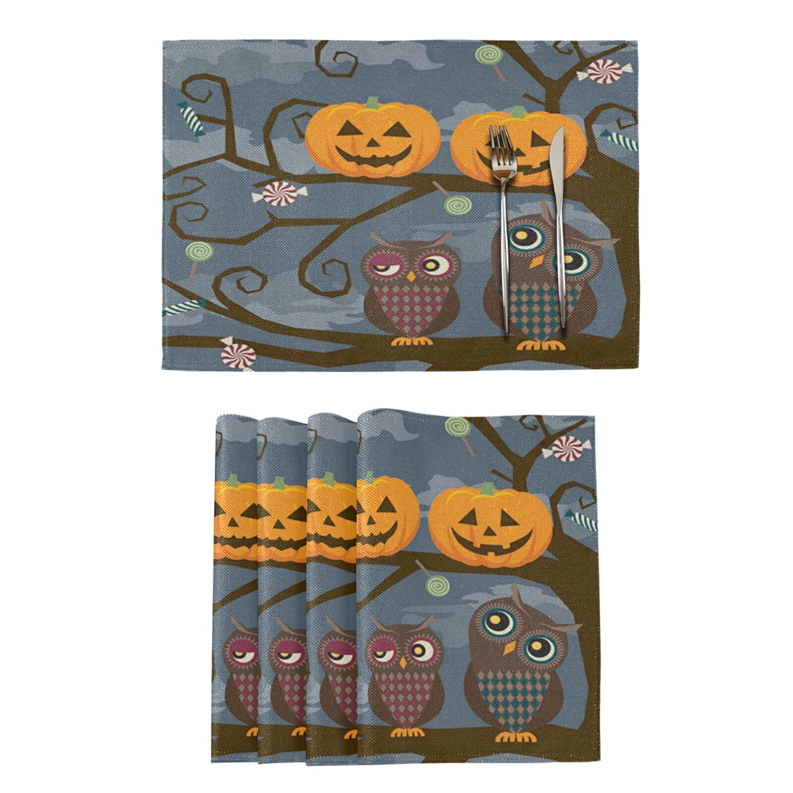 Halloween Pumpkin Owl Placemats Set of 4 - Heat Resistant, Washable & Non-Slip Vinyl Table Mats for Dining & Kitchen - Perfect for Thanksgiving, Fall Decor and Holiday Dinner Parties