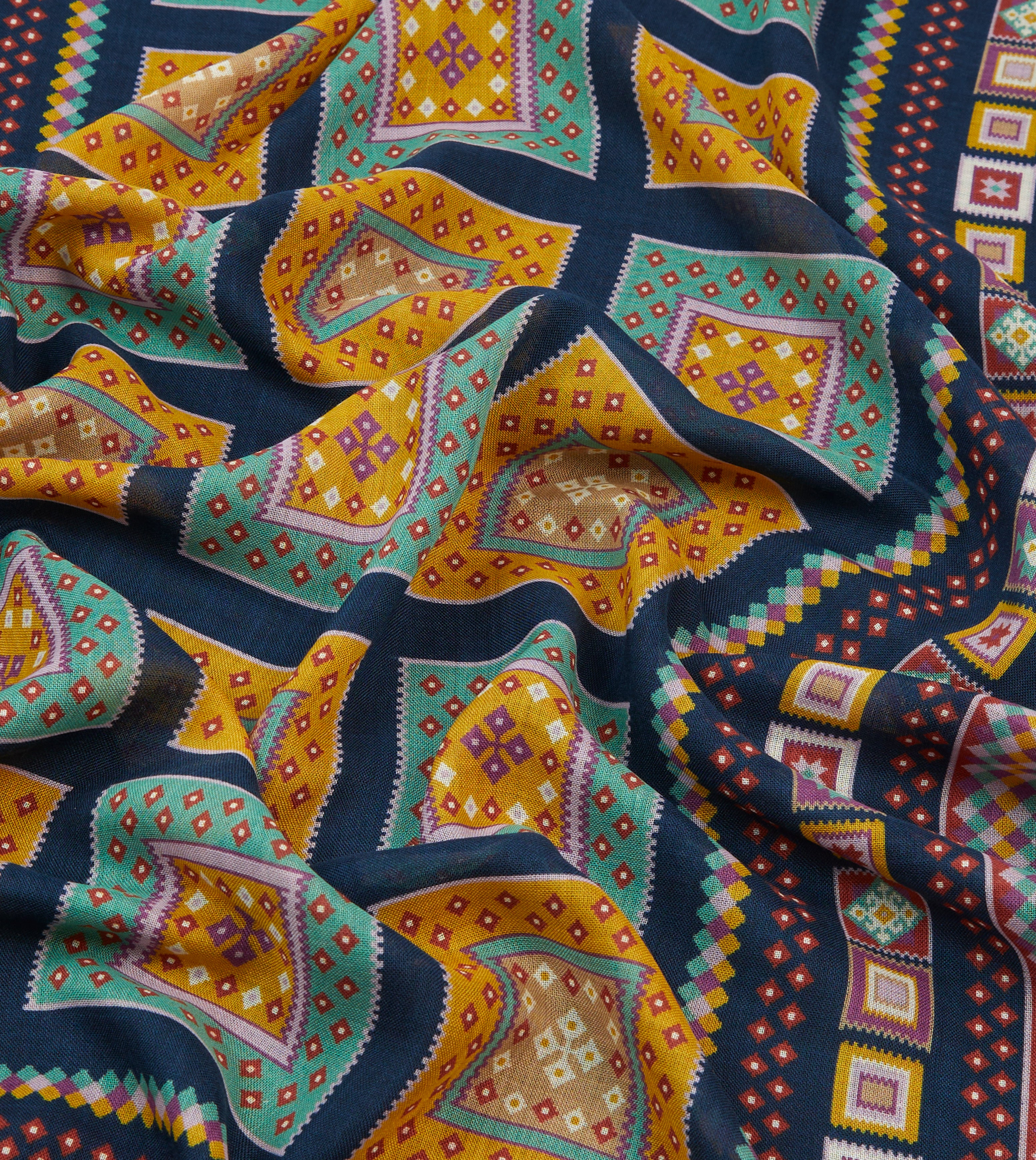 Navy Blue Kelim Blocks Print Wool Silk Scarf - Elegant Winter Accessory for Women, Perfect for Office, Travel and Special Occasions
