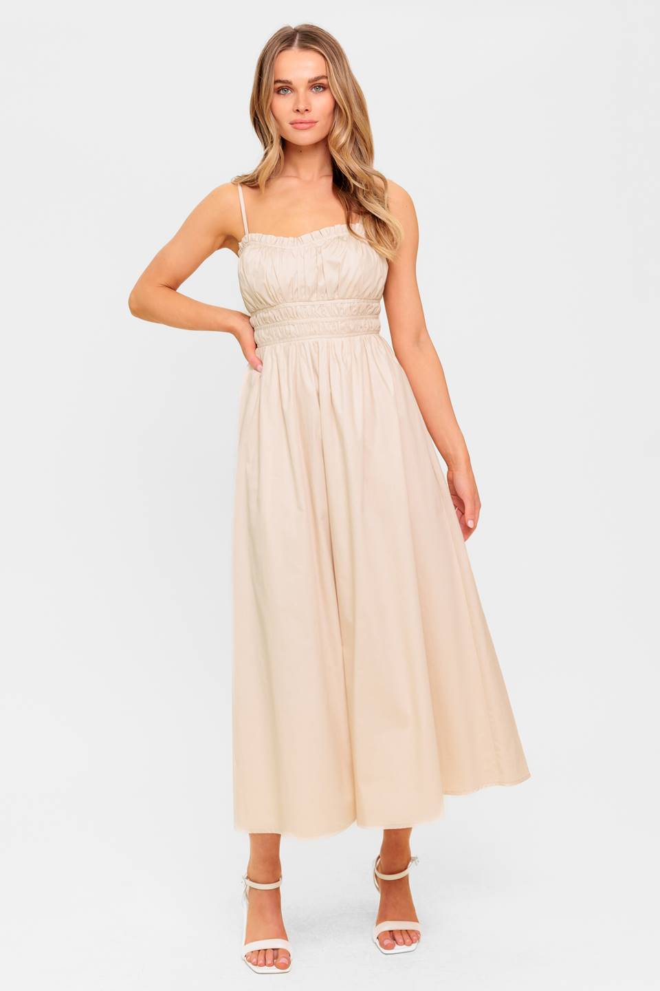 Heartland Sunset Midi Dress in Cream - Elegant Flowy Summer Dress for Beach, Wedding & Casual Outings