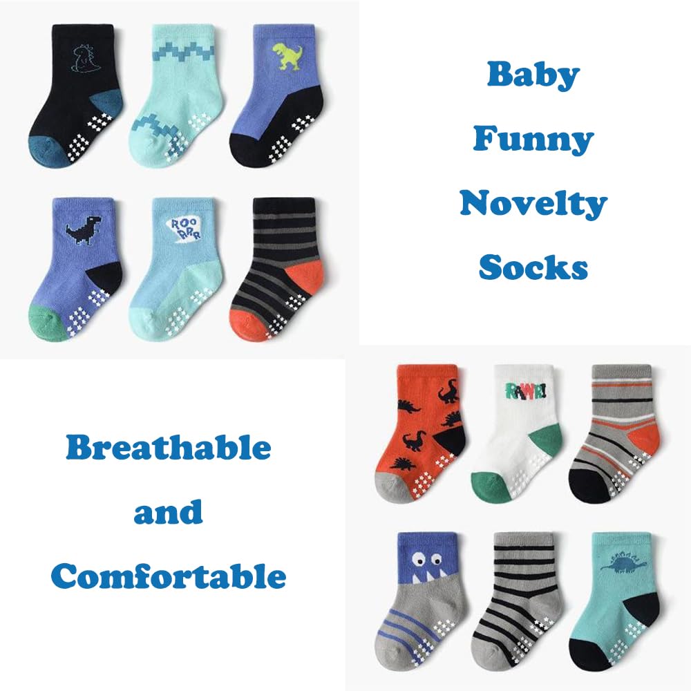**Non-Slip Baby Boys' Dinosaur Socks - 12 Pack Soft Cotton Crew Socks with Grips for Toddlers | Perfect for Playtime, Daycare & Indoor Activities**