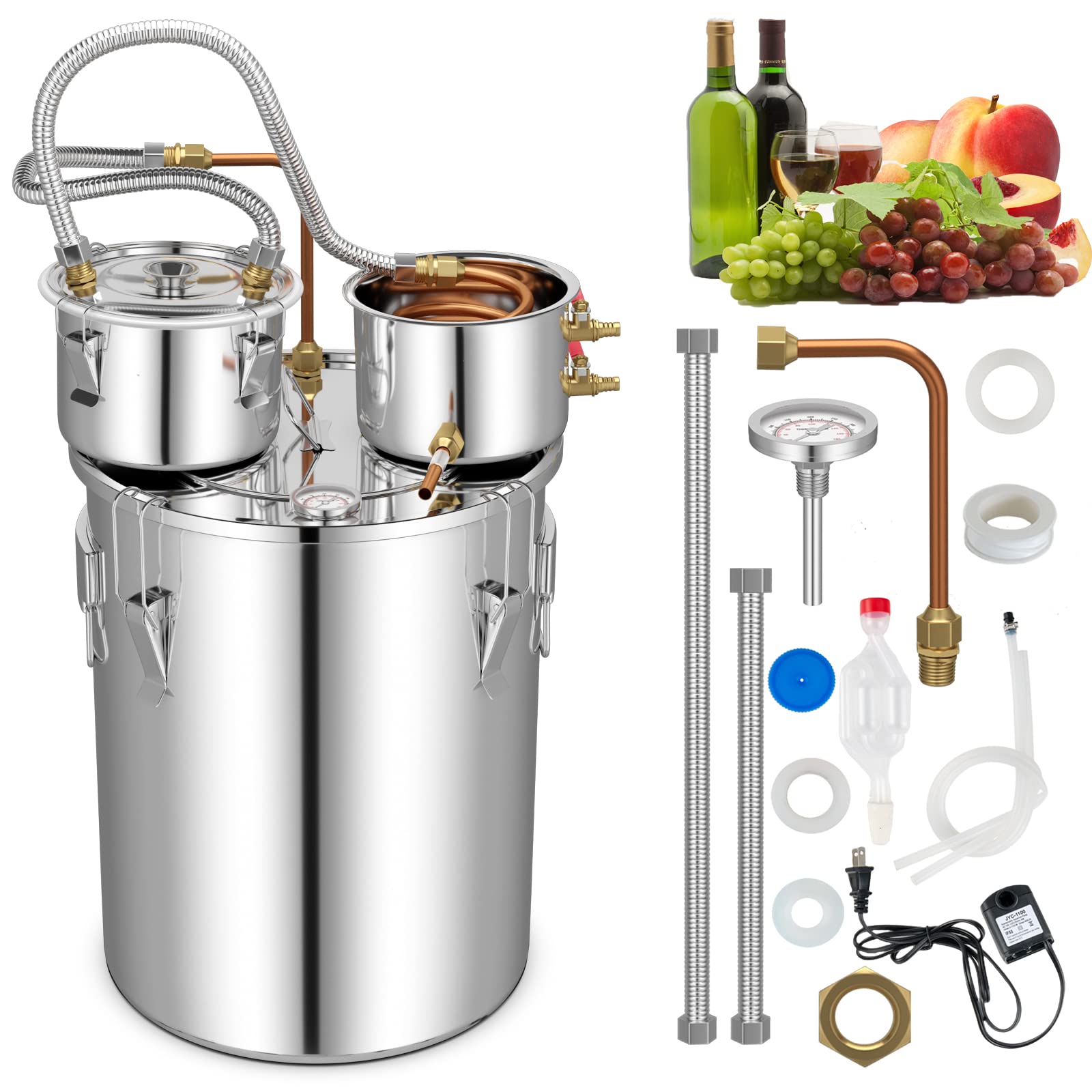Giantex 10 Gallon Alcohol Still Kit - 3 Pots Stainless Steel Distiller for Water, Alcohol & Oil with Built-in Thermometer & Copper Tubes - Multi-Functional Home Brewing Equipment for Whiskey, Brandy & Moonshine - Perfect for DIY Spirits, Essential Oils & Distilled Water Production