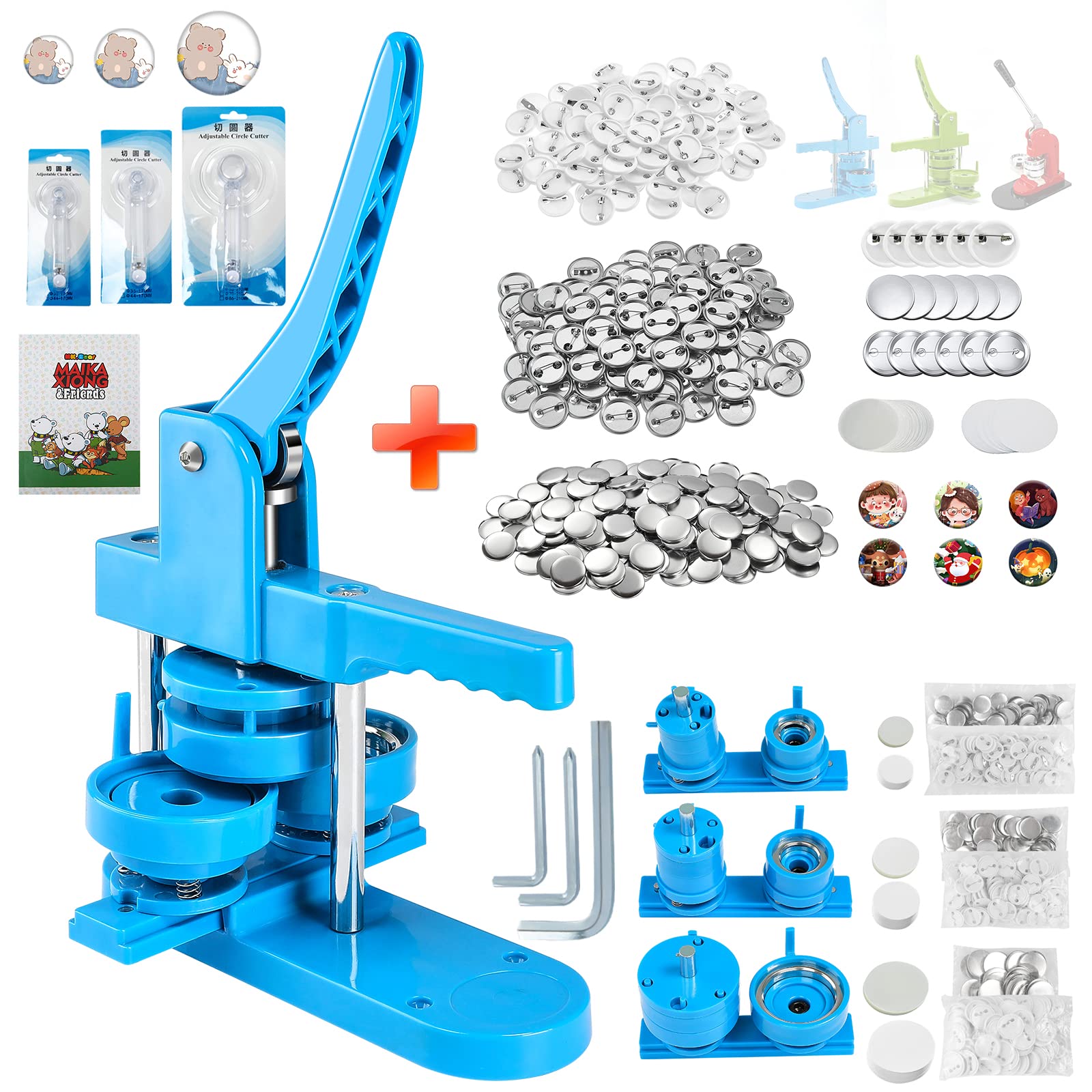 Blue Button Maker Machine with Multiple Sizes & 25mm Button Making Parts - 200 Sets Kit for DIY Crafts, Badges, Pins, and Promotional Items
