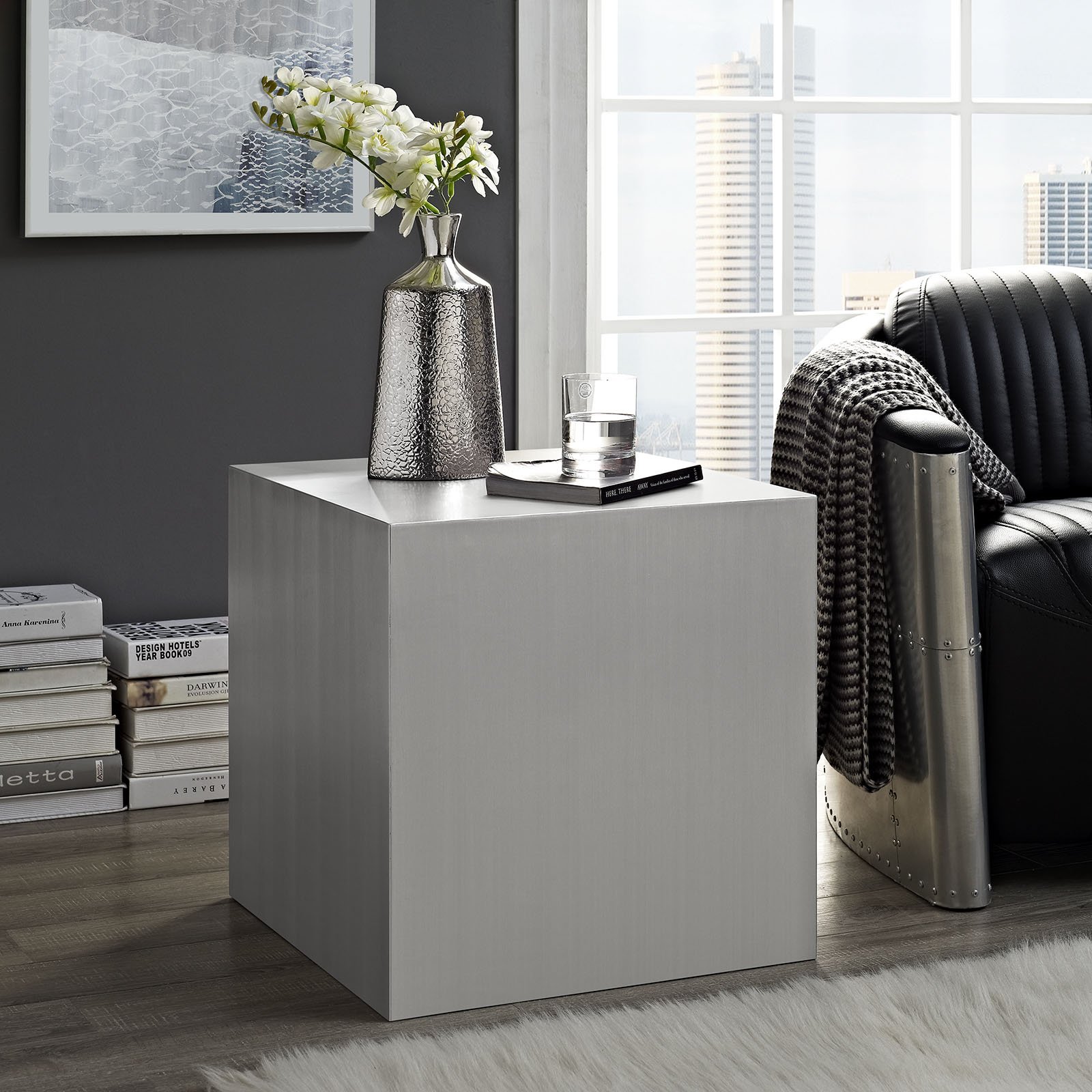Modway Cast Contemporary Modern Cube Stainless Steel Side Table - Stylish End Table for Living Room, Bedroom & Office - Durable Metal Accent Table for Home Decor