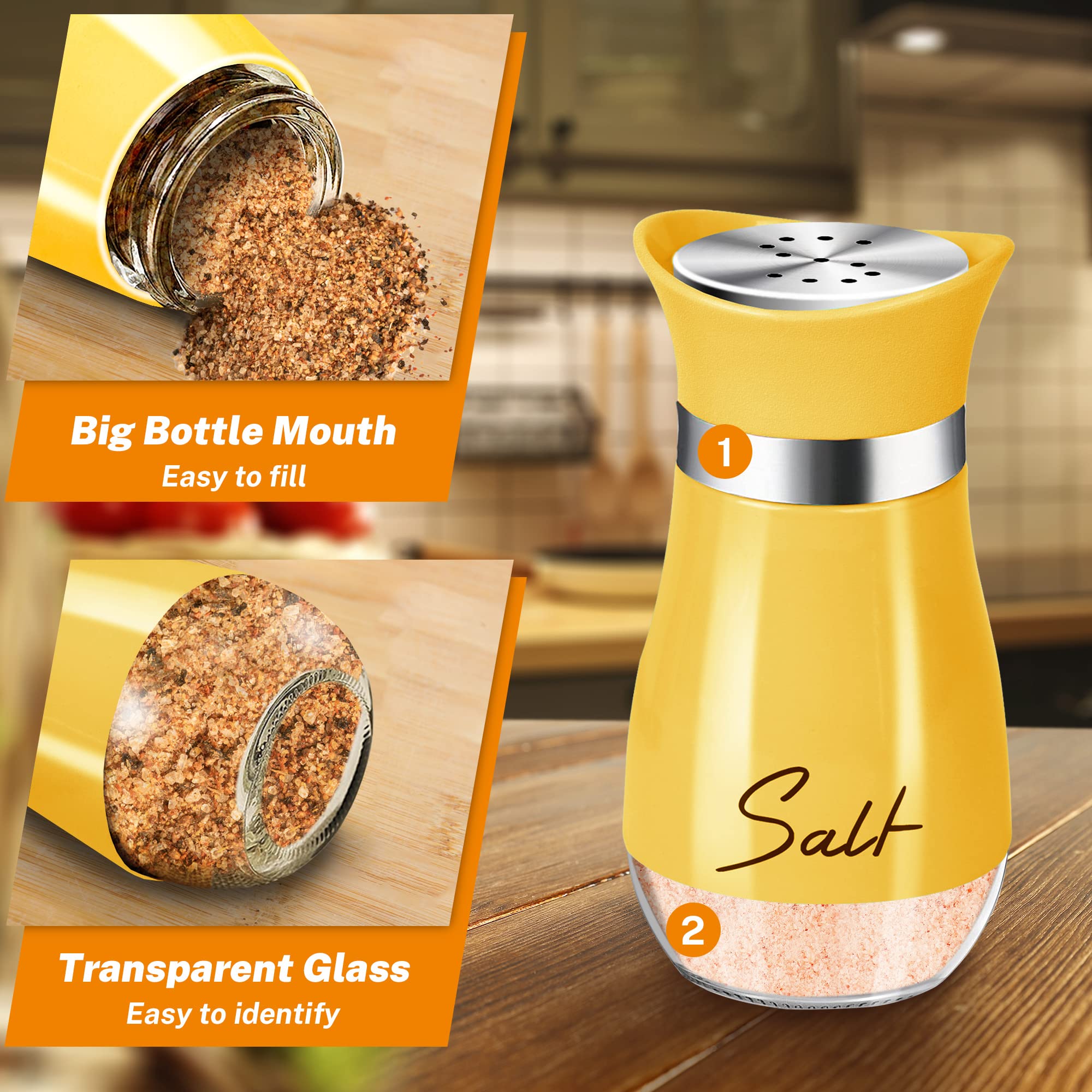 Yellow Salt and Pepper Shakers Set with Holder - 4 oz Refillable Farmhouse Kitchen Decor, Cute Table Accessories & Housewarming Gift for Thanksgiving Christmas (Yellow) - Perfect for Dining Tables, Kitchen Countertops, and Holiday Decorations