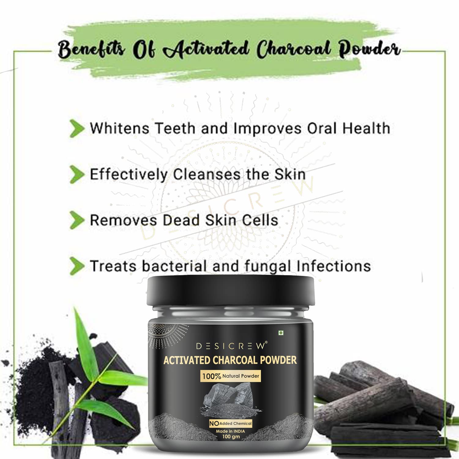 Desi Crew 100% Pure Natural Activated Charcoal Powder - Deep Cleansing Face Mask for Glowing, Whitening & Brightening Skin | 100g Jar | Organic Skin Care for Acne, Blackheads & Pore Refining | Perfect for Daily Detox & Spa Night Routine